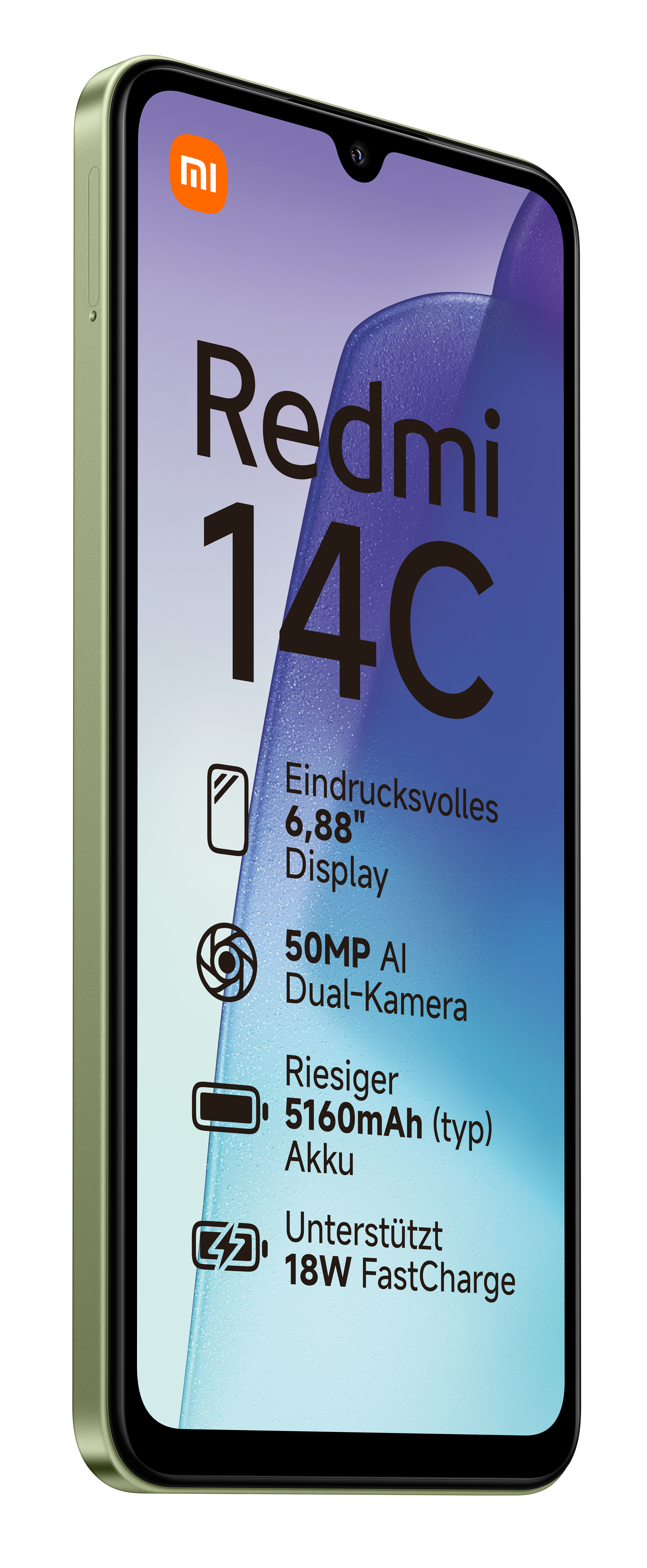 Grünes Smartphone mit weißem Text auf dem Bildschirm, hellgrüner Rahmen.
