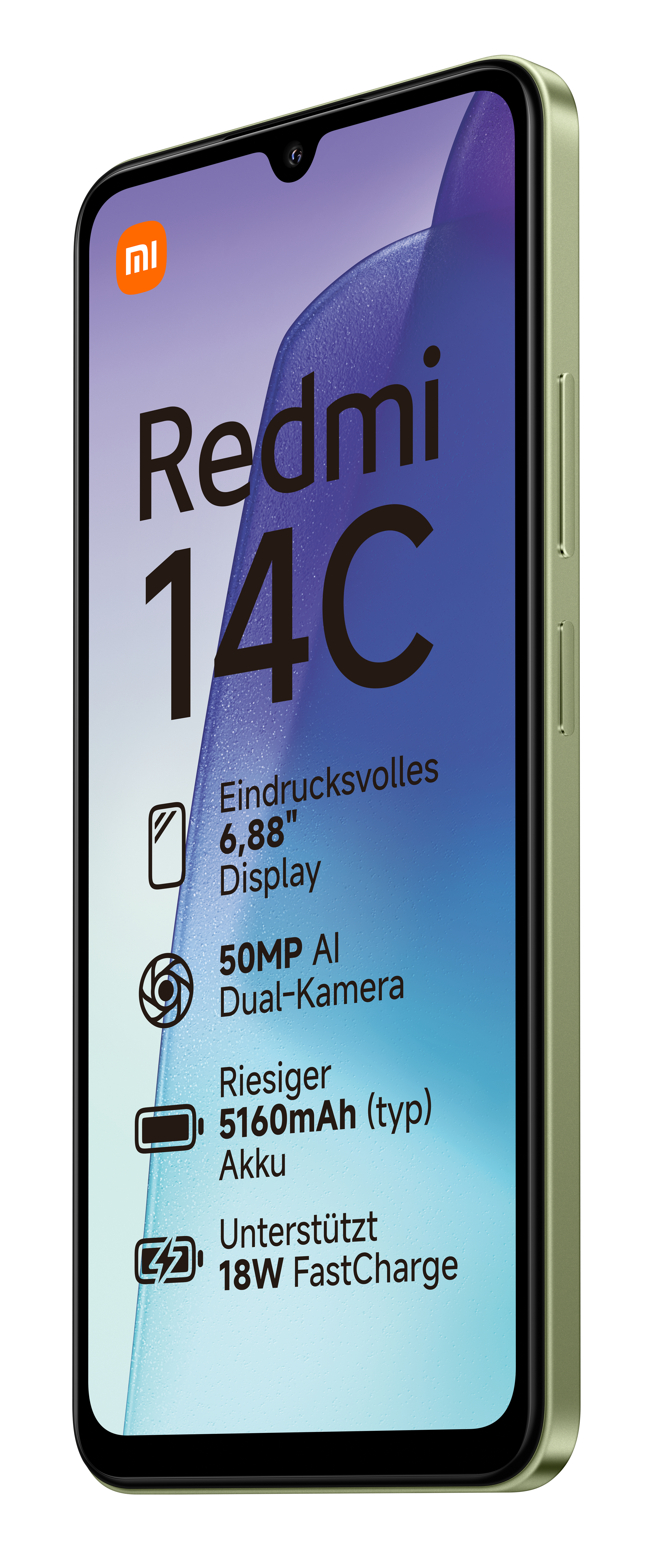 Ein grünes Redmi 14C Smartphone mit Text und Symbolen.