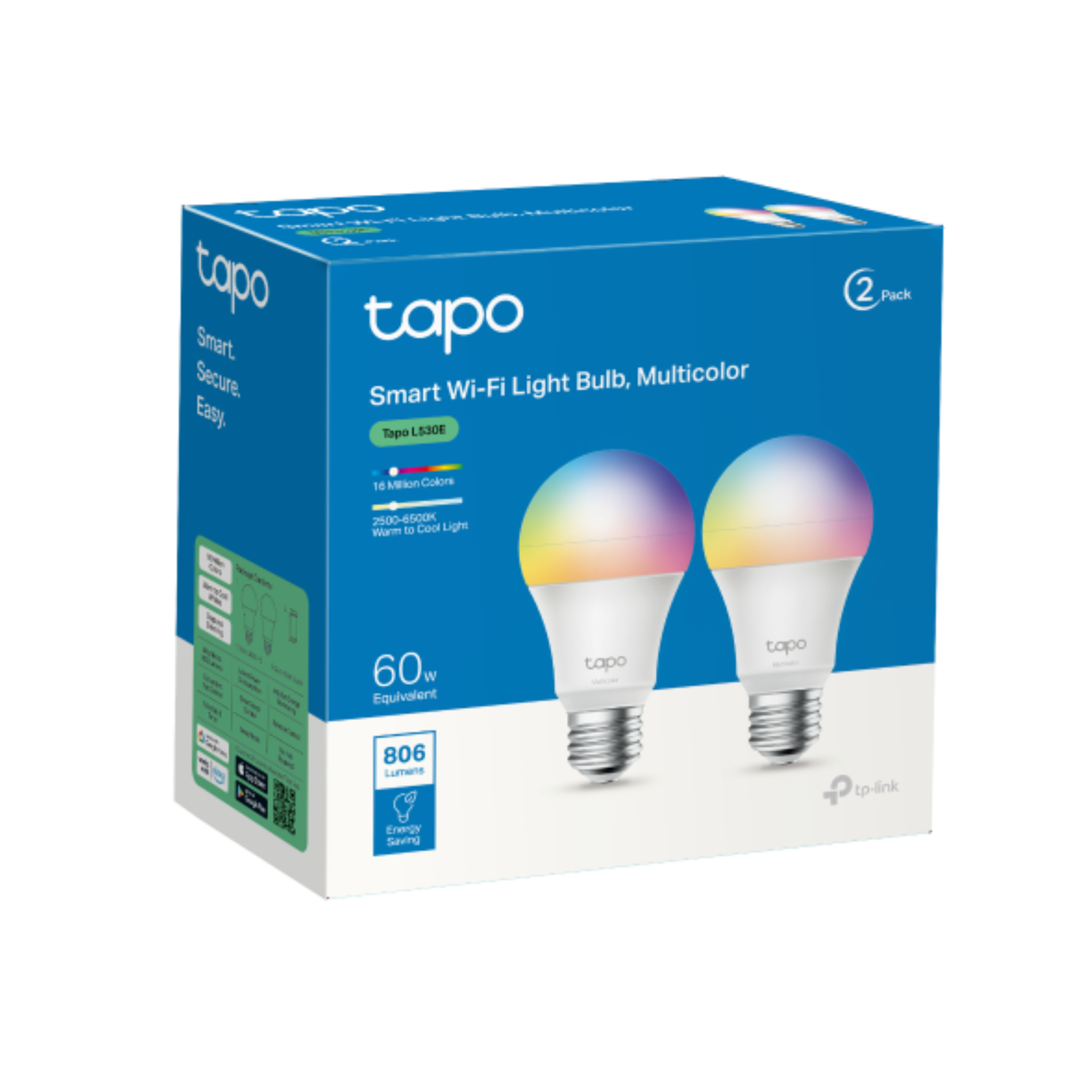 Box of Tapo Smart Wi-Fi light bulbs. The box shows two bulbs with colorful light, it says 2 pack, 60W, 806 lumens.