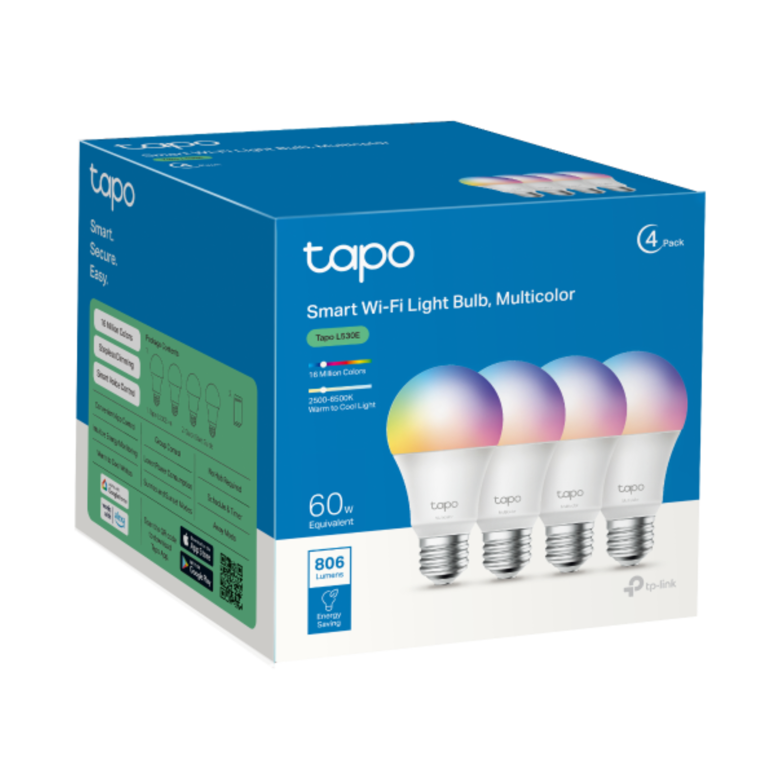 Box of Tapo smart Wi-Fi light bulbs. Box shows four bulbs with colorful lights, details of features, and brand logo.