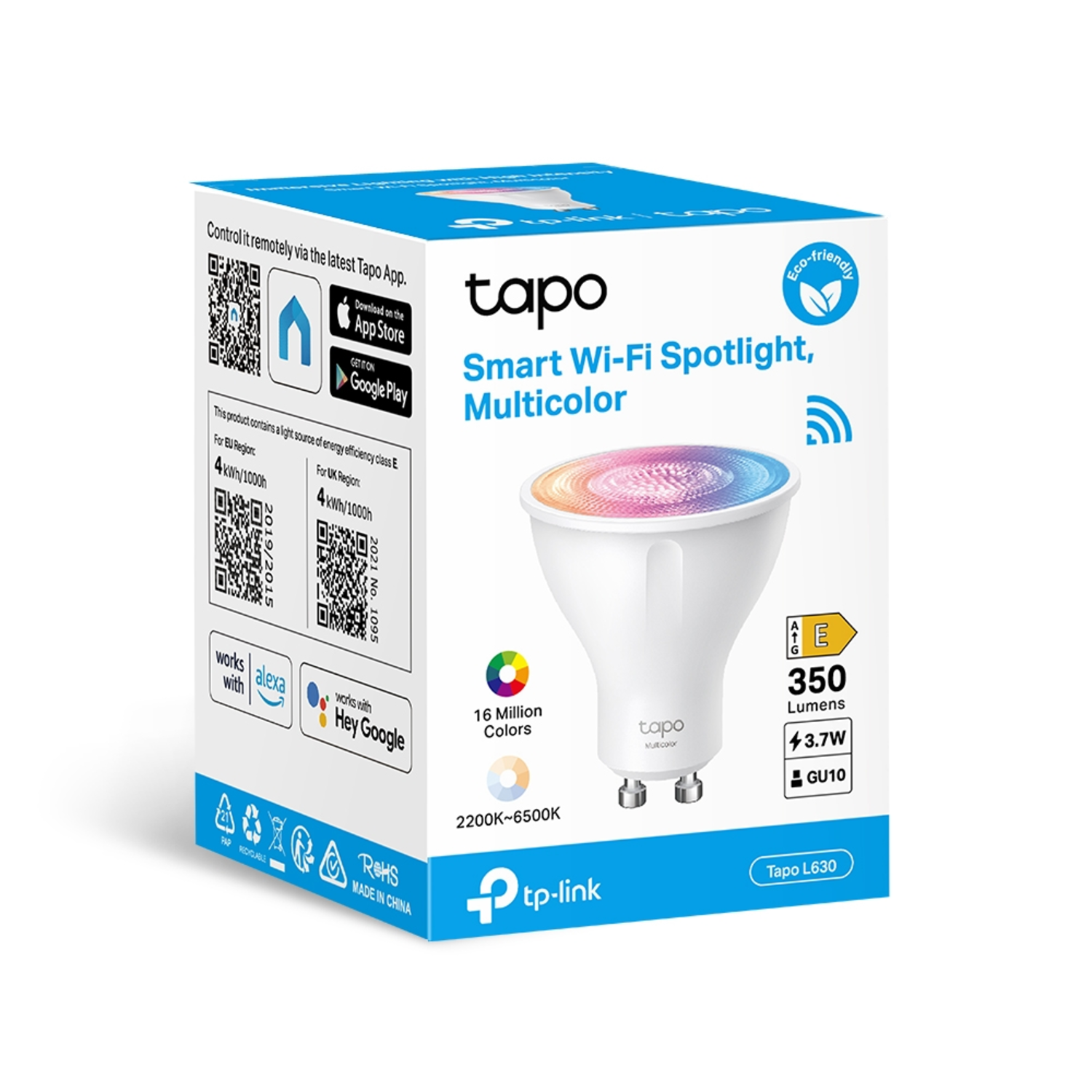 Box for a Tapo smart Wi-Fi spotlight, Multicolor. The box has a picture of the light and details.