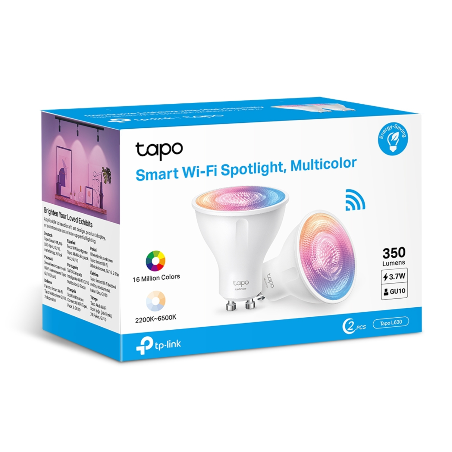 A box with two smart Wi-Fi spotlights. The spotlights are white with colorful light emitted.