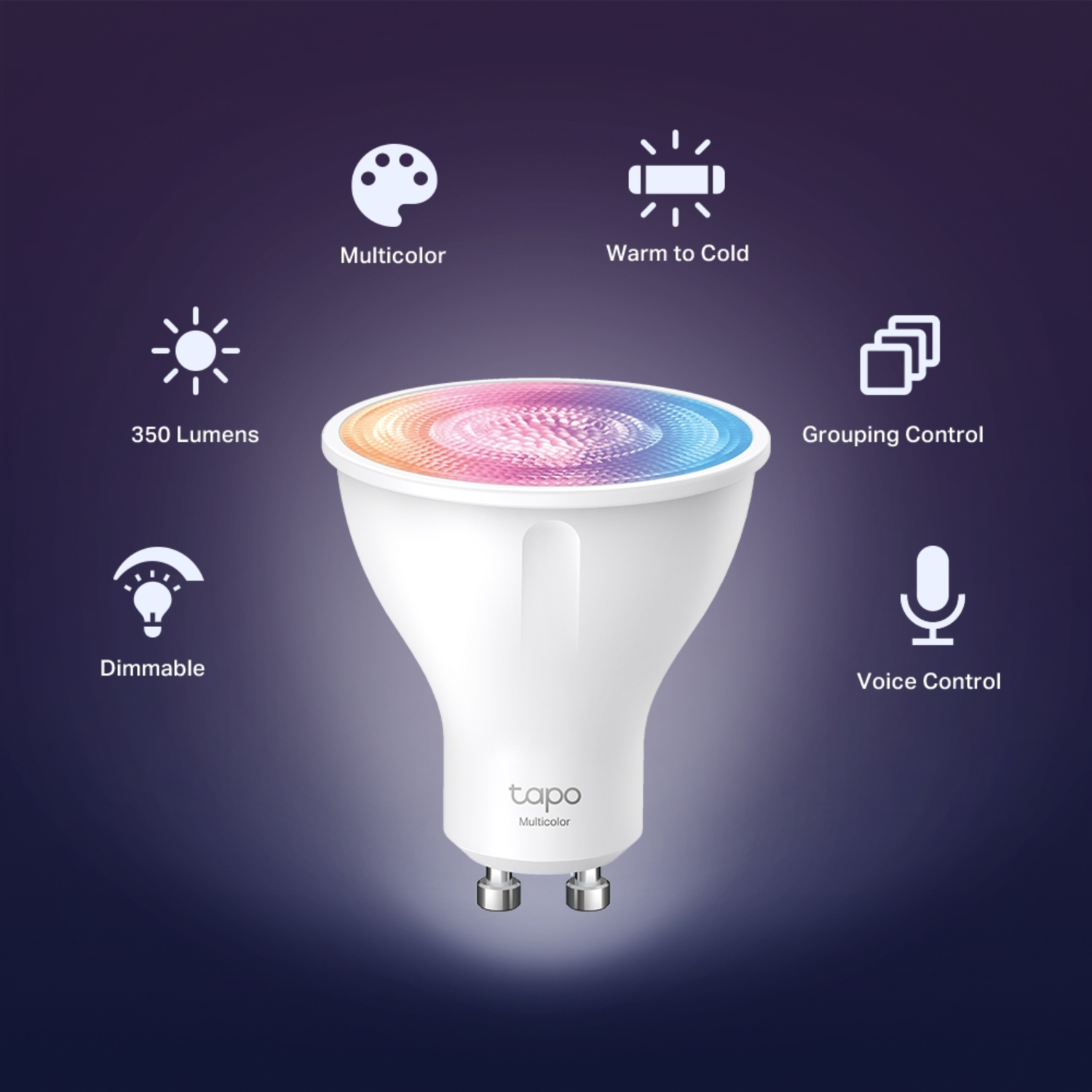 White smart bulb with text labels and icons.