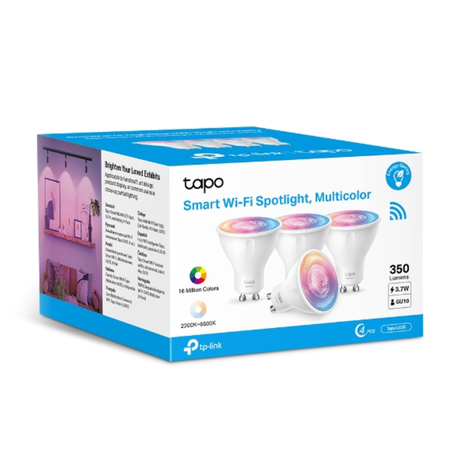 Box with Tapo Smart Wi-Fi Spotlight Multicolor and four spotlights. The box has text and icons on it.