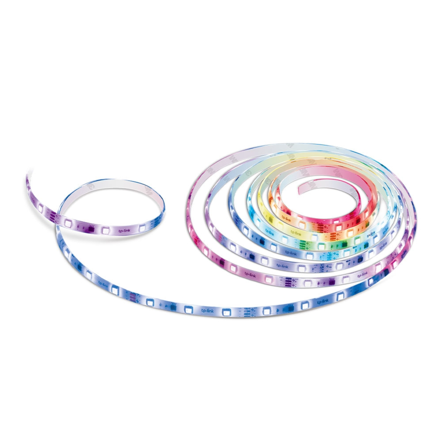 A roll of colorful LED strip lights, with a section unrolled, and a light-colored surface.