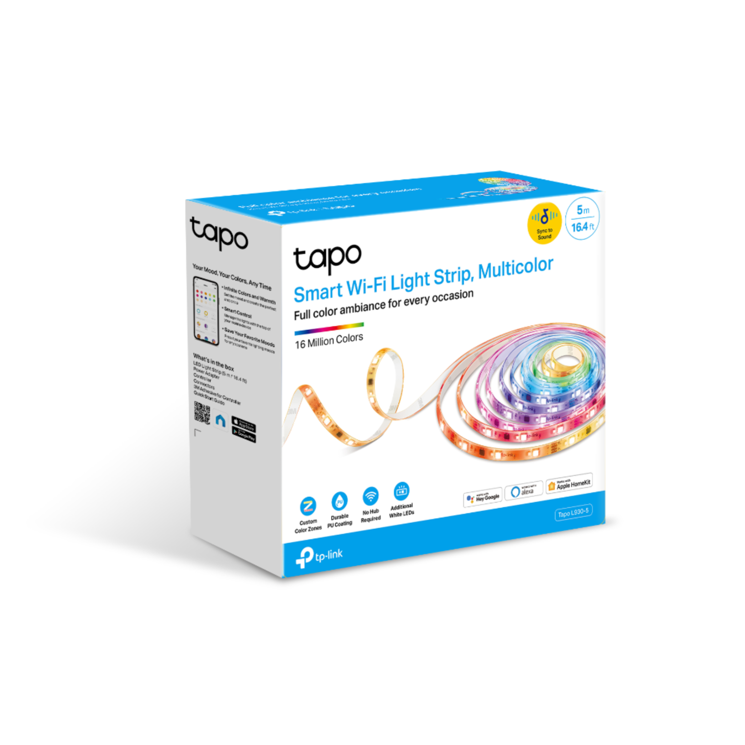 Box of smart Wi-Fi light strip, multicolor, with product details, and a white background.