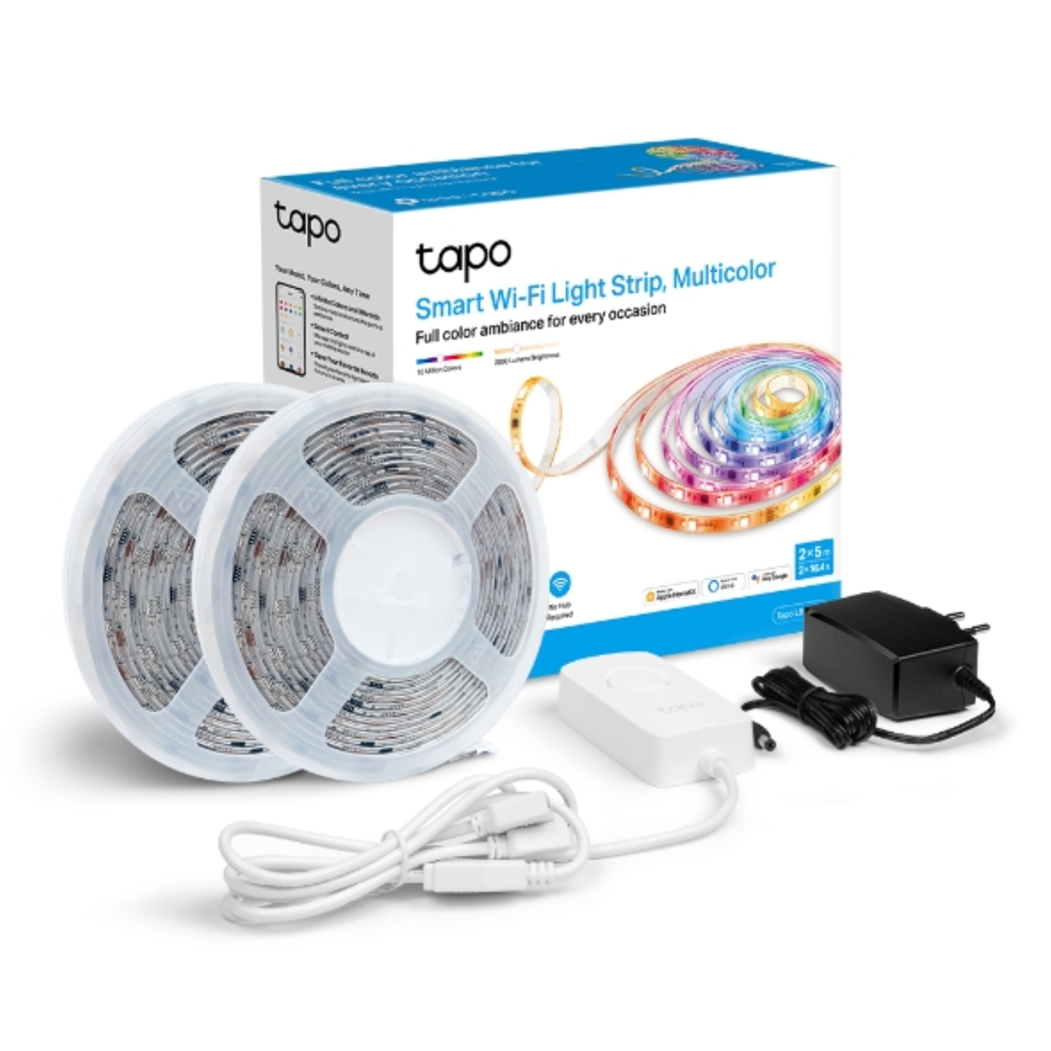 Twee rollen LED-lichtstrips, een besturingseenheid en een voedingsadapter op een wit oppervlak.