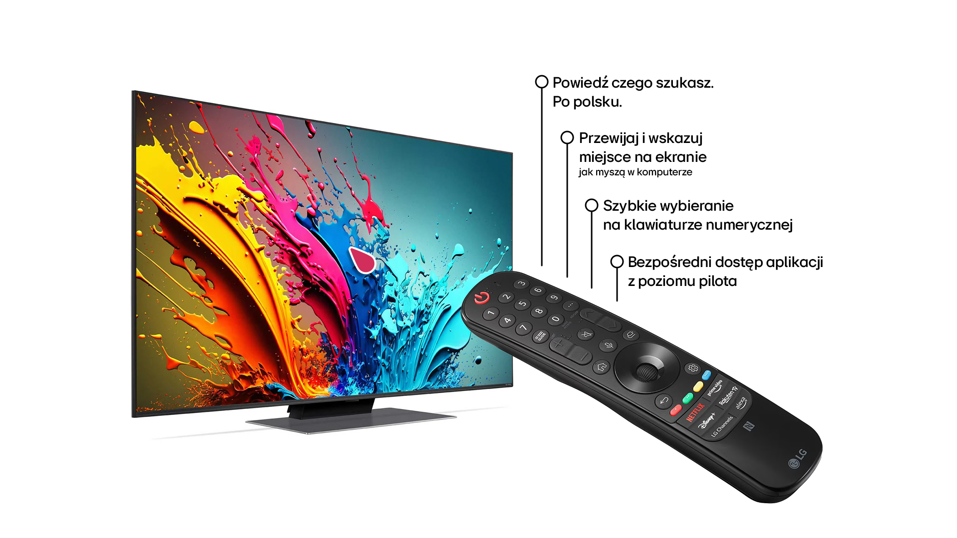 Duży telewizor LG i jego pilot, z tekstem w języku polskim.