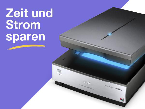 Ein schwarz-silberner Scanner mit blauem Licht, mit dem Text 