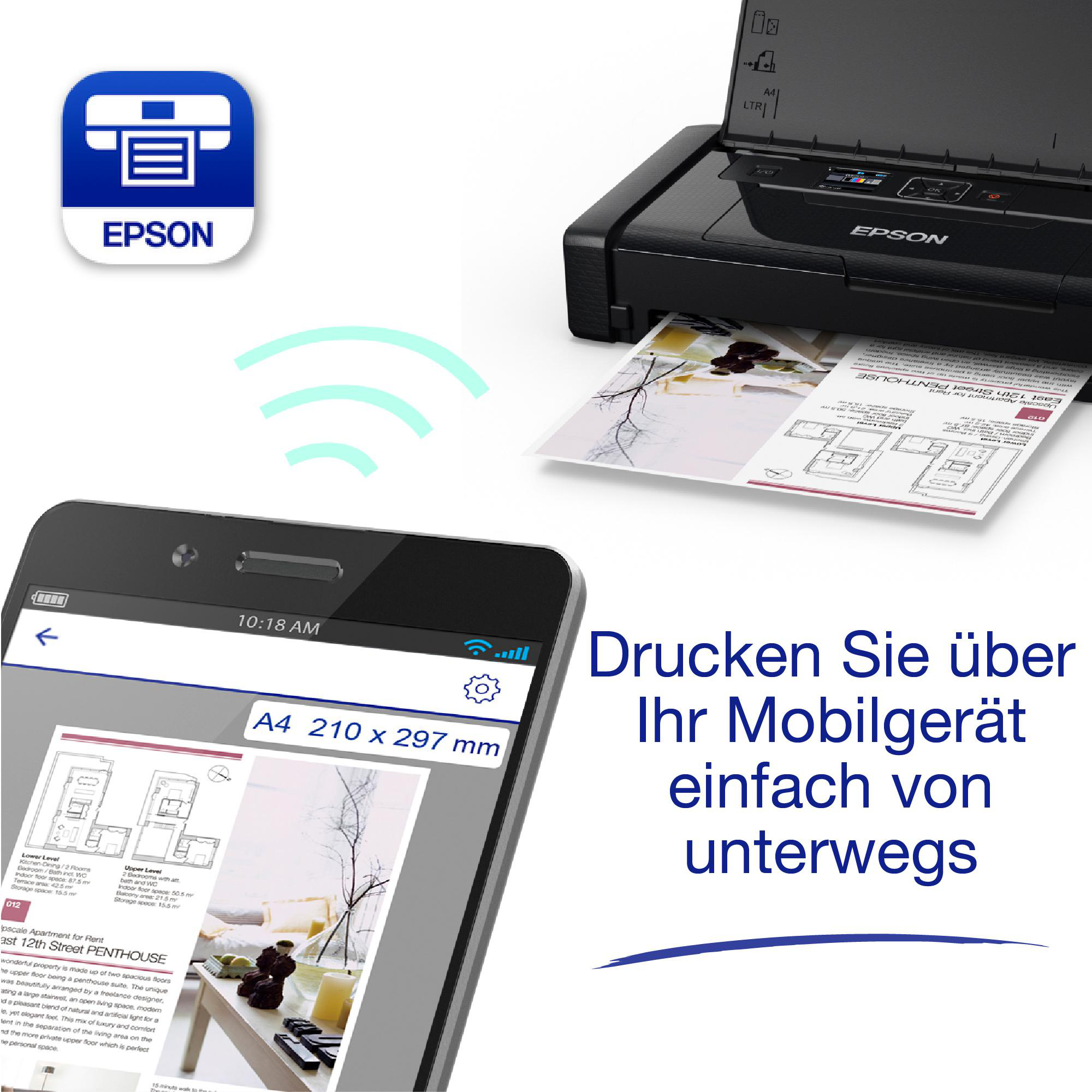 Smartphone zeigt ein Dokument und ein schwarzer Epson Drucker druckt.
