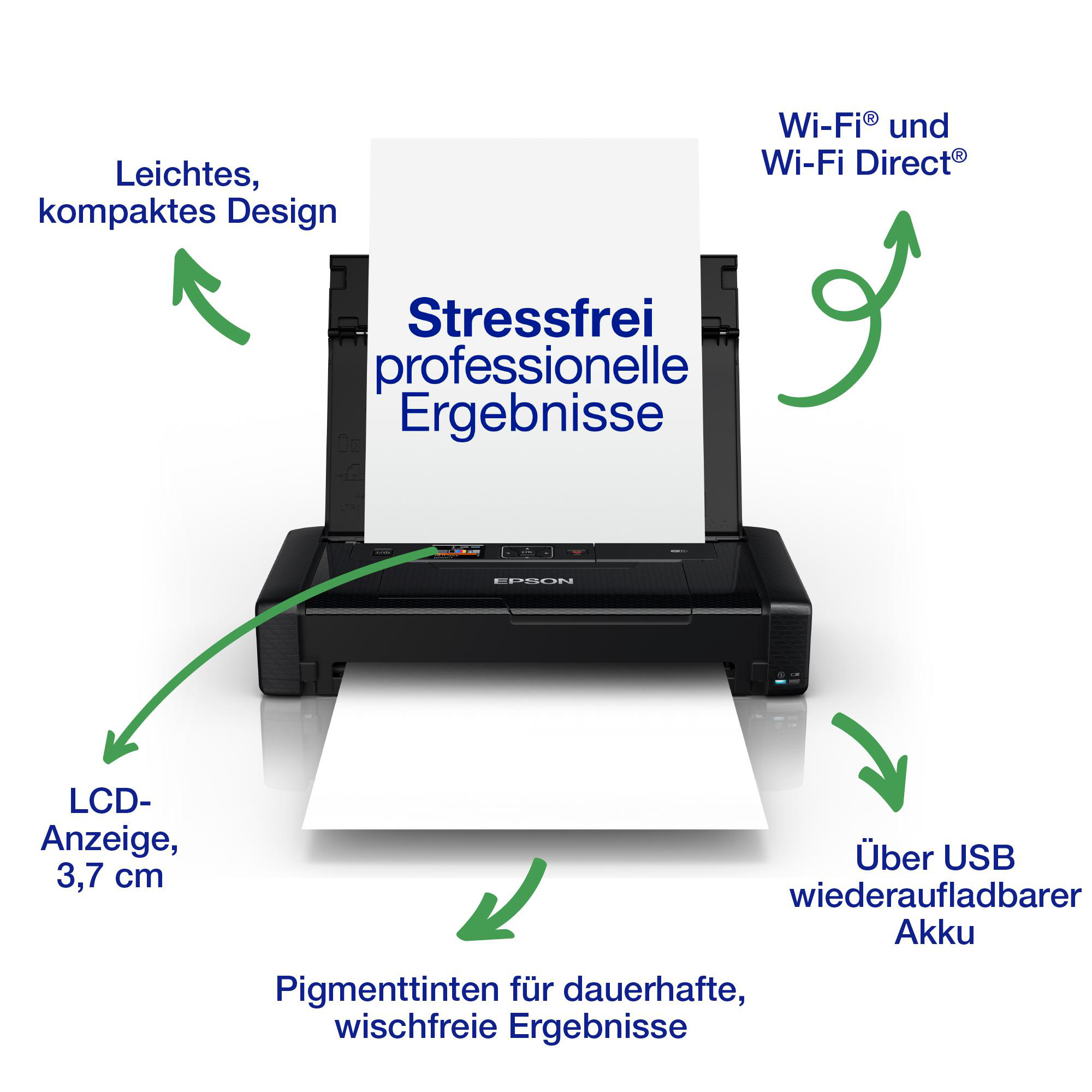 Schwarzer Epson Drucker druckt ein Dokument, mit anderem Text darum.