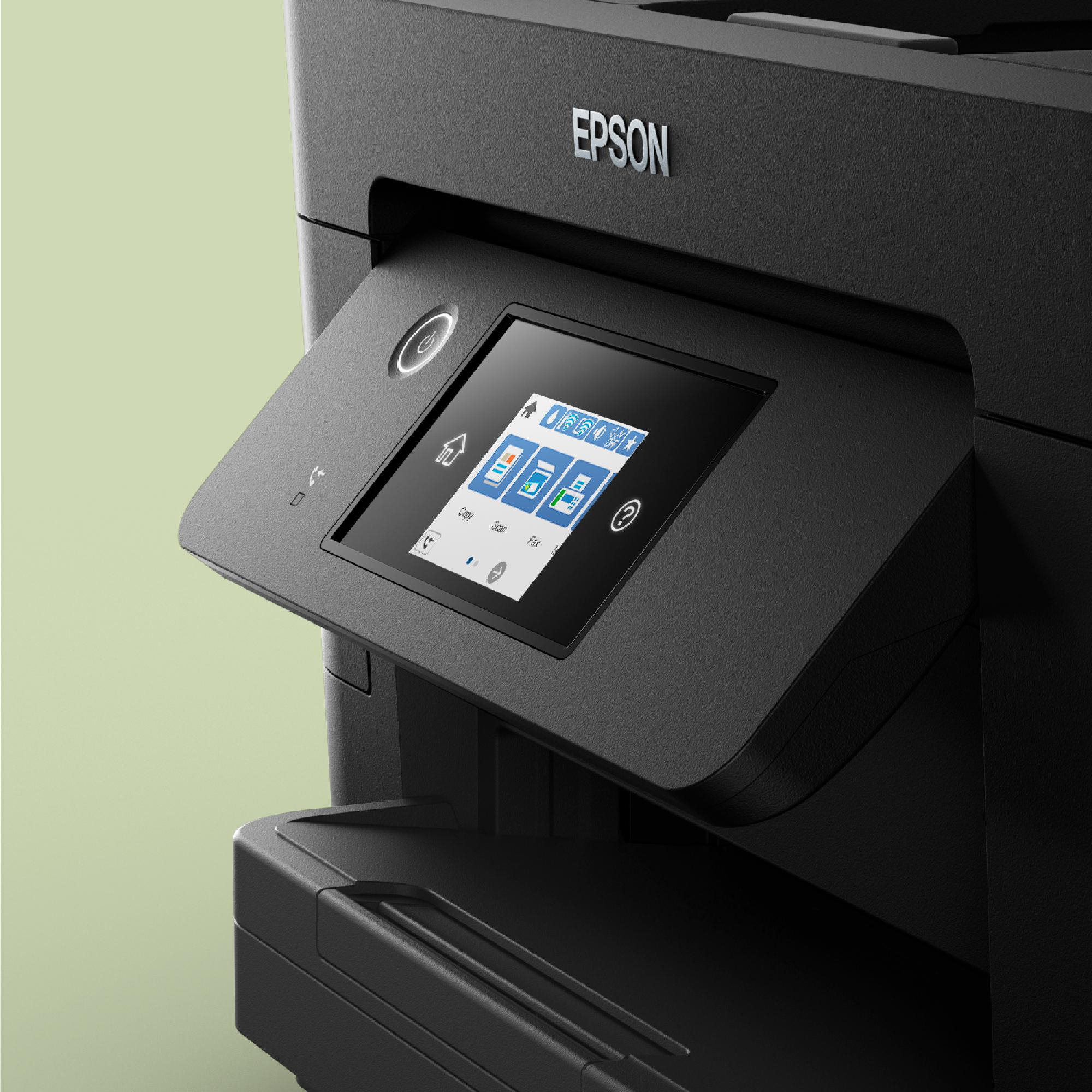 Schwarzer Drucker mit Touchscreen-Anzeige auf hellgrünem Hintergrund.
