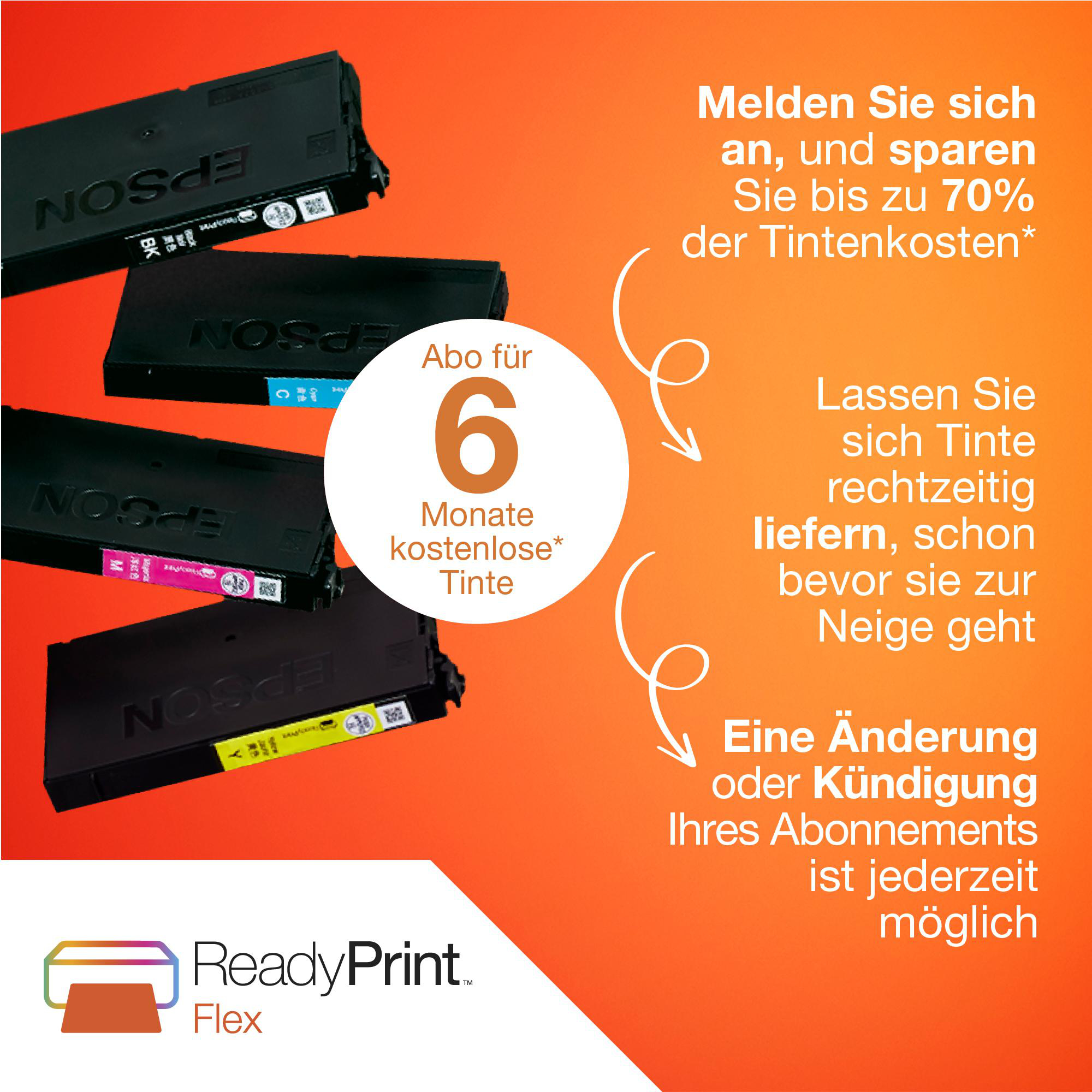 Tintenpatronen und Text über ein ReadyPrint Flex-Abonnement. Text auf orangefarbenem Hintergrund.