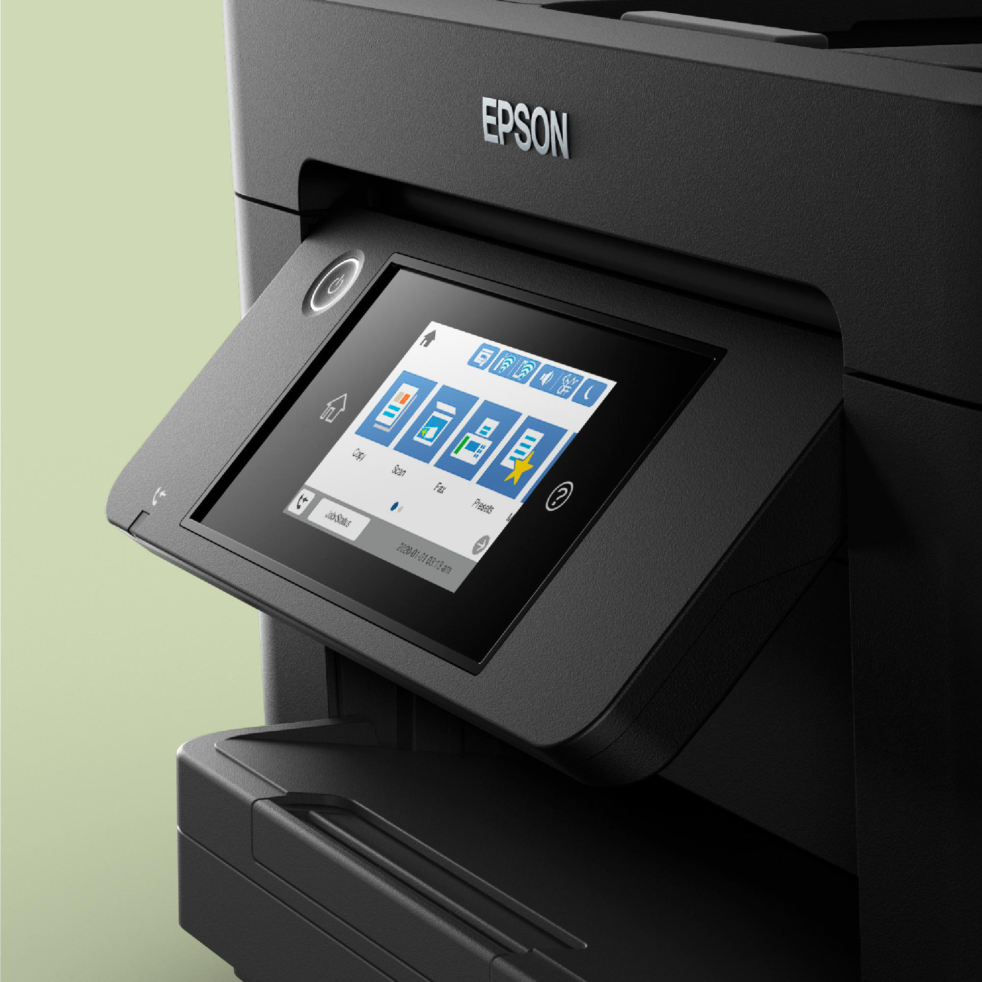 Epson-Drucker mit Bildschirm, der Optionen anzeigt. Schwarzer und grüner Hintergrund.