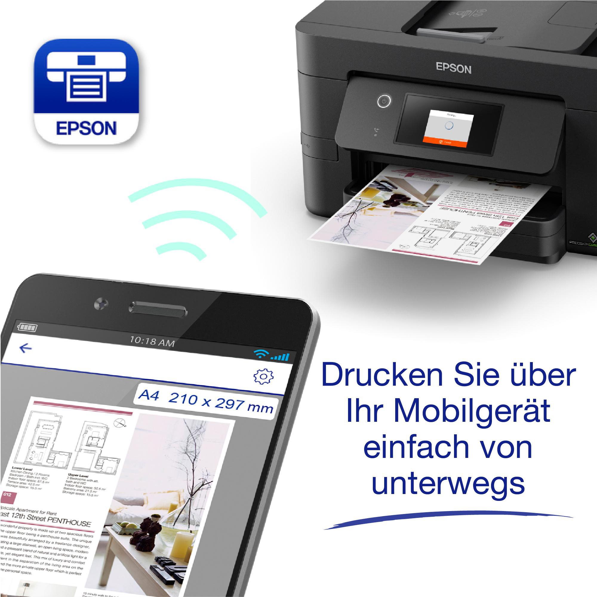 Ein Drucker druckt ein Dokument. Ein Telefon zeigt das Dokument auf seinem Bildschirm mit einem WLAN-Symbol.