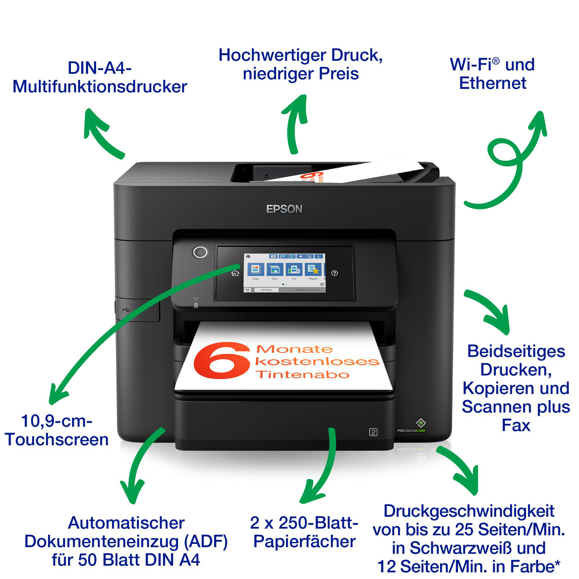 Epson-Drucker mit Pfeilen, die auf Funktionen wie Touchscreen und Papierfächer zeigen.