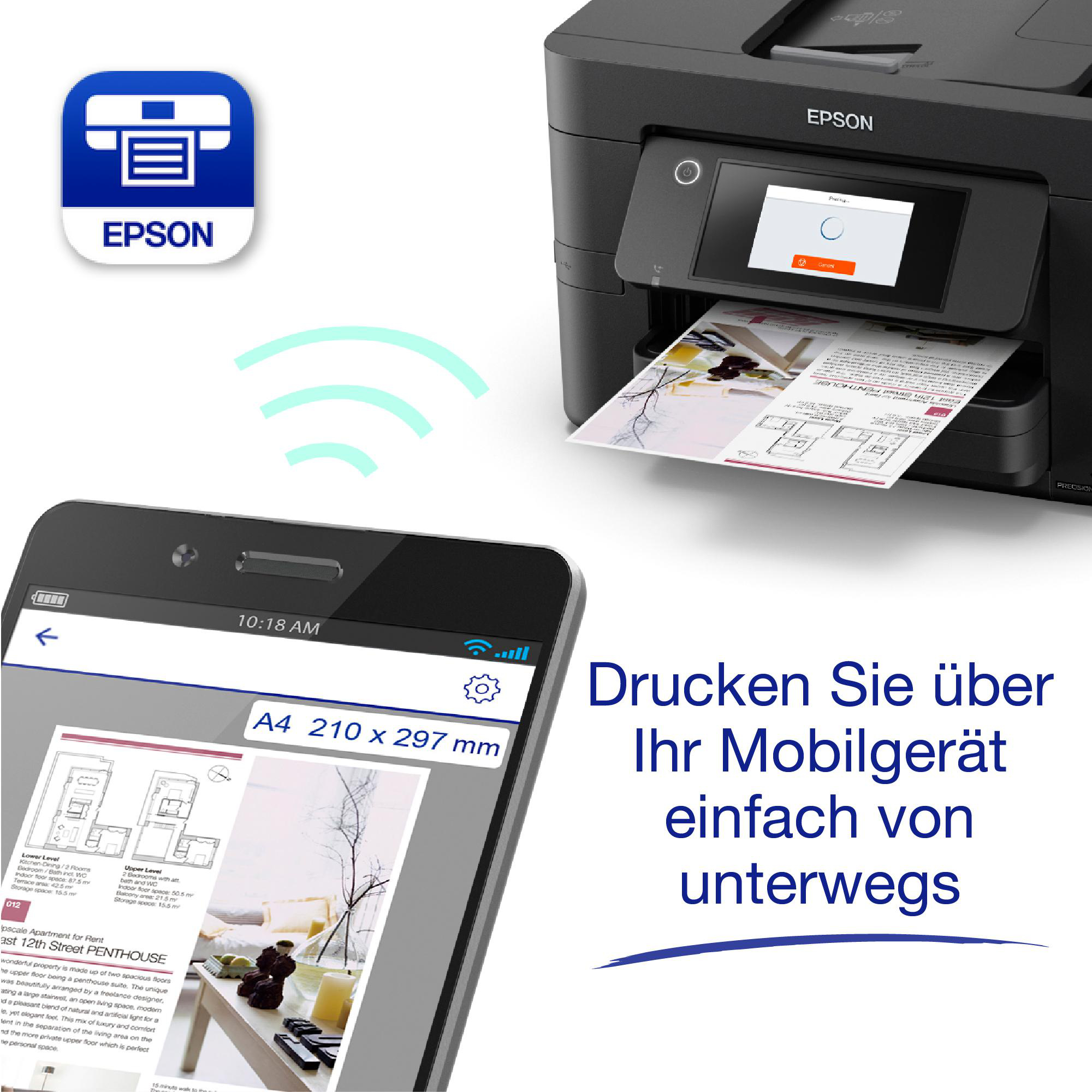 Ein Drucker druckt ein Dokument mit einem Telefon und einer App links.