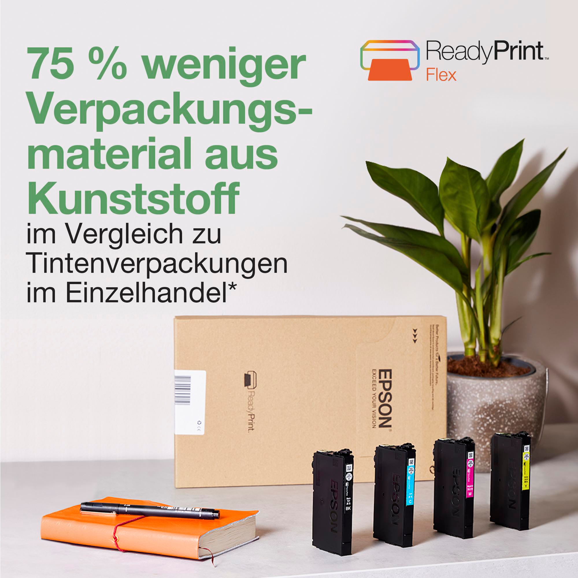 Ein Epson-Tintenstrahldrucker und Tintenpatronen, mit Text, der reduzierte Kunststoffverpackung hervorhebt.