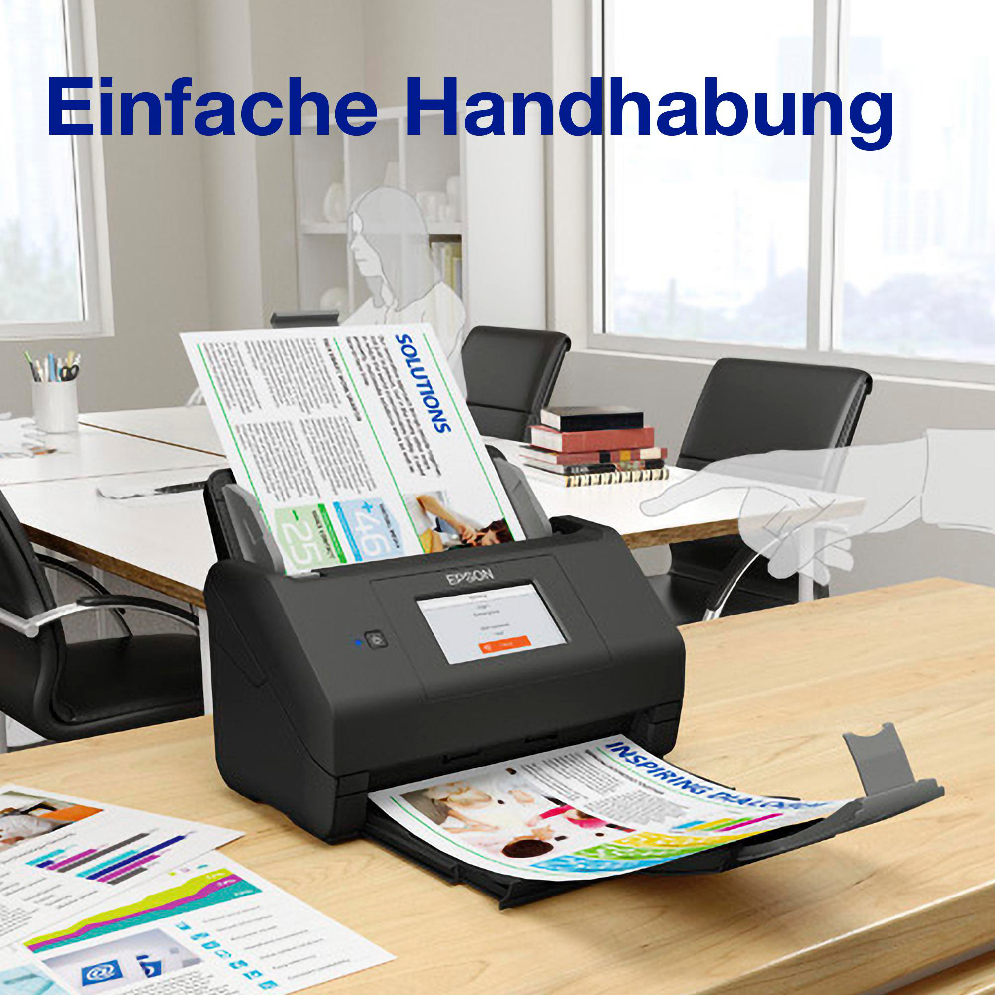 Schwarzer Drucker mit Papier, eine Frau im Hintergrund und Text 'Einfache Handhabung'.