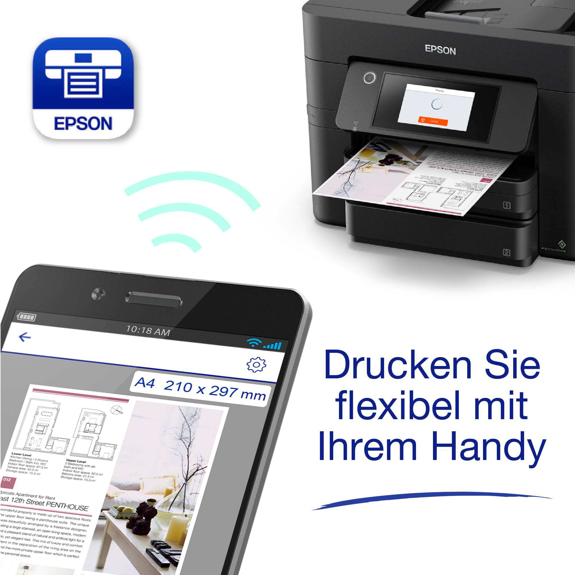 Epson-Drucker druckt ein Dokument vom Telefon. Telefon zeigt Dokumentbild.