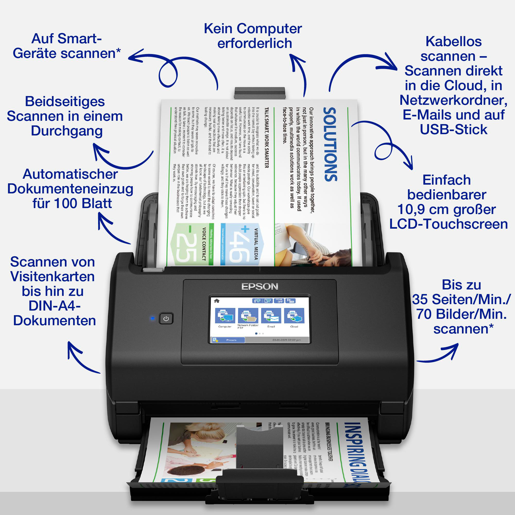 Ein Epson-Drucker wird mit Pfeilen gezeigt, die Funktionen wie Scannen und einen Touchscreen hervorheben.