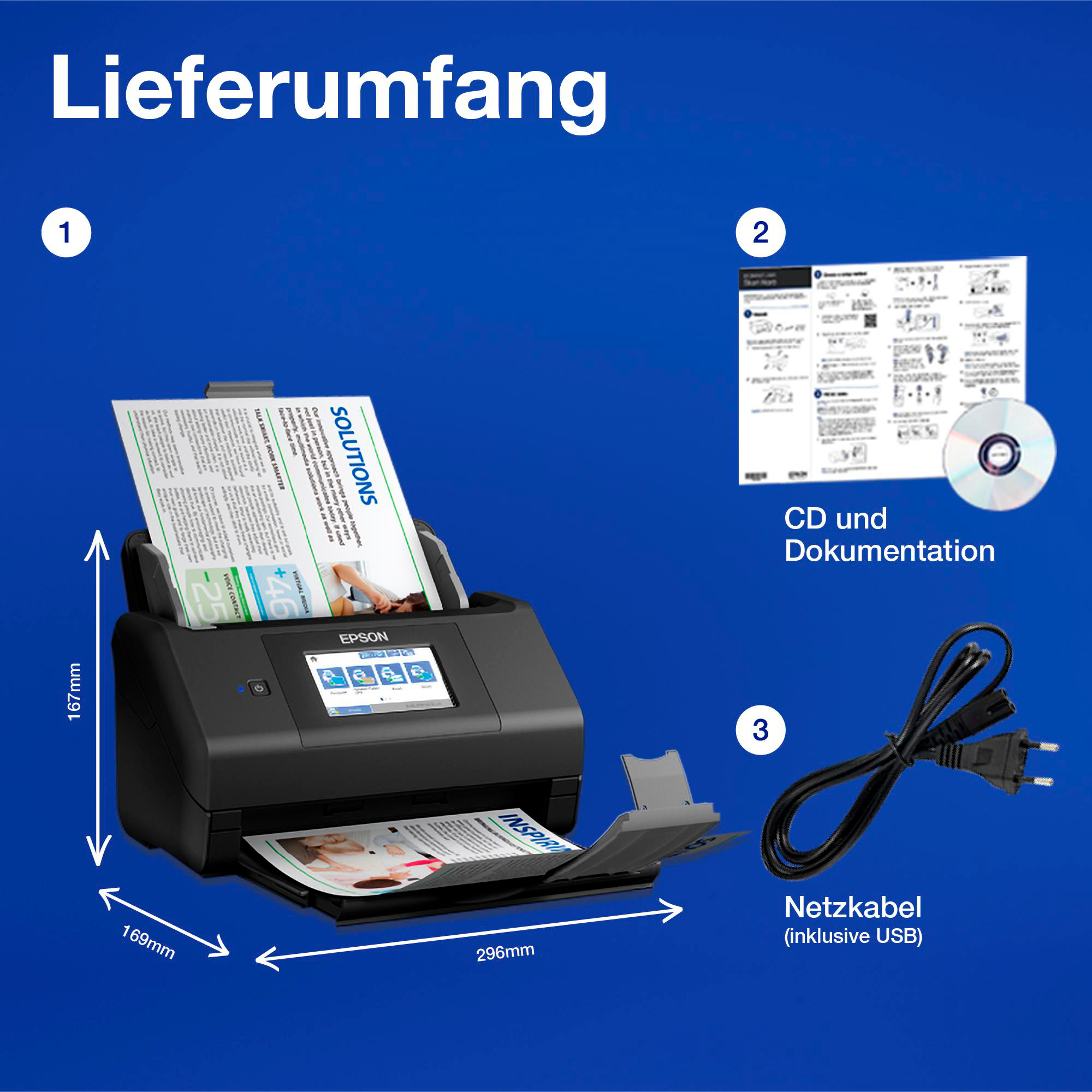 Drucker mit Dokumenten, CD und Netzkabel. Abmessungen und Beschriftungen auf blauem Hintergrund.