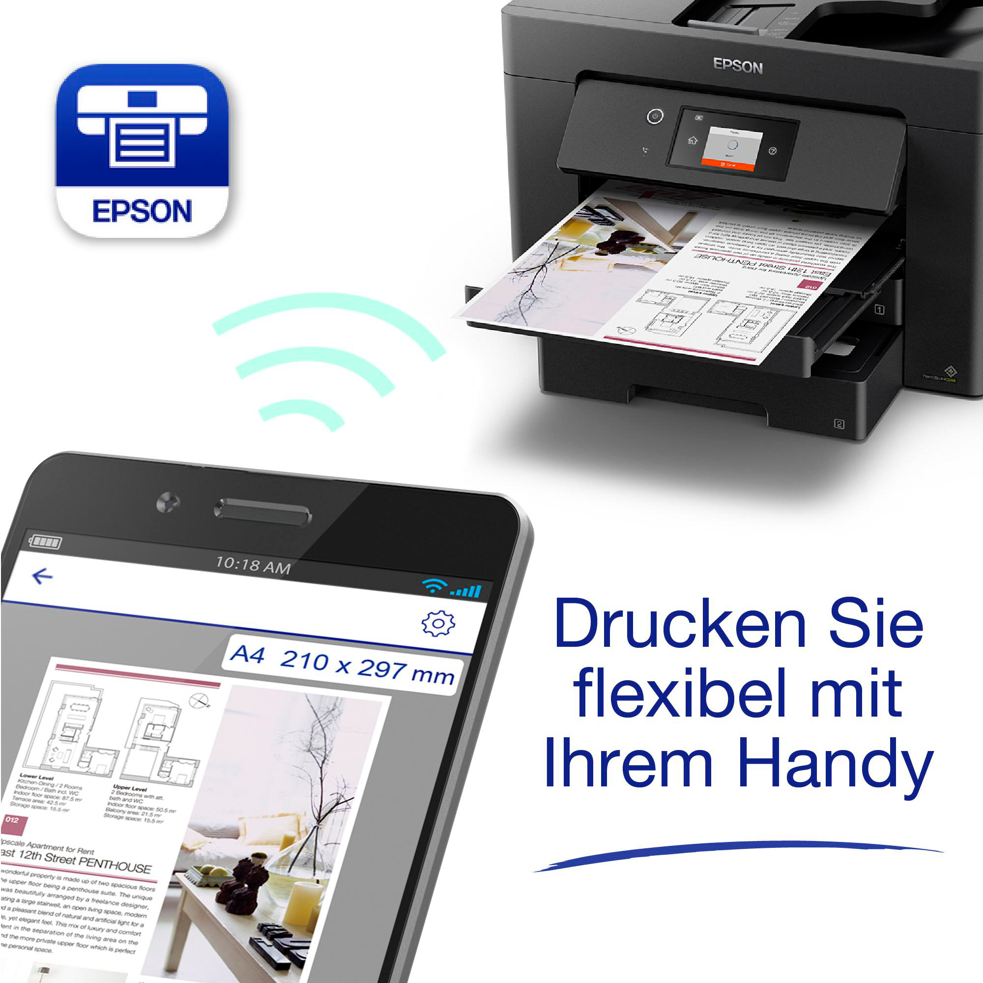 Ein Drucker druckt ein Dokument, ein Telefon zeigt das gleiche Dokument, Epson-Logo.