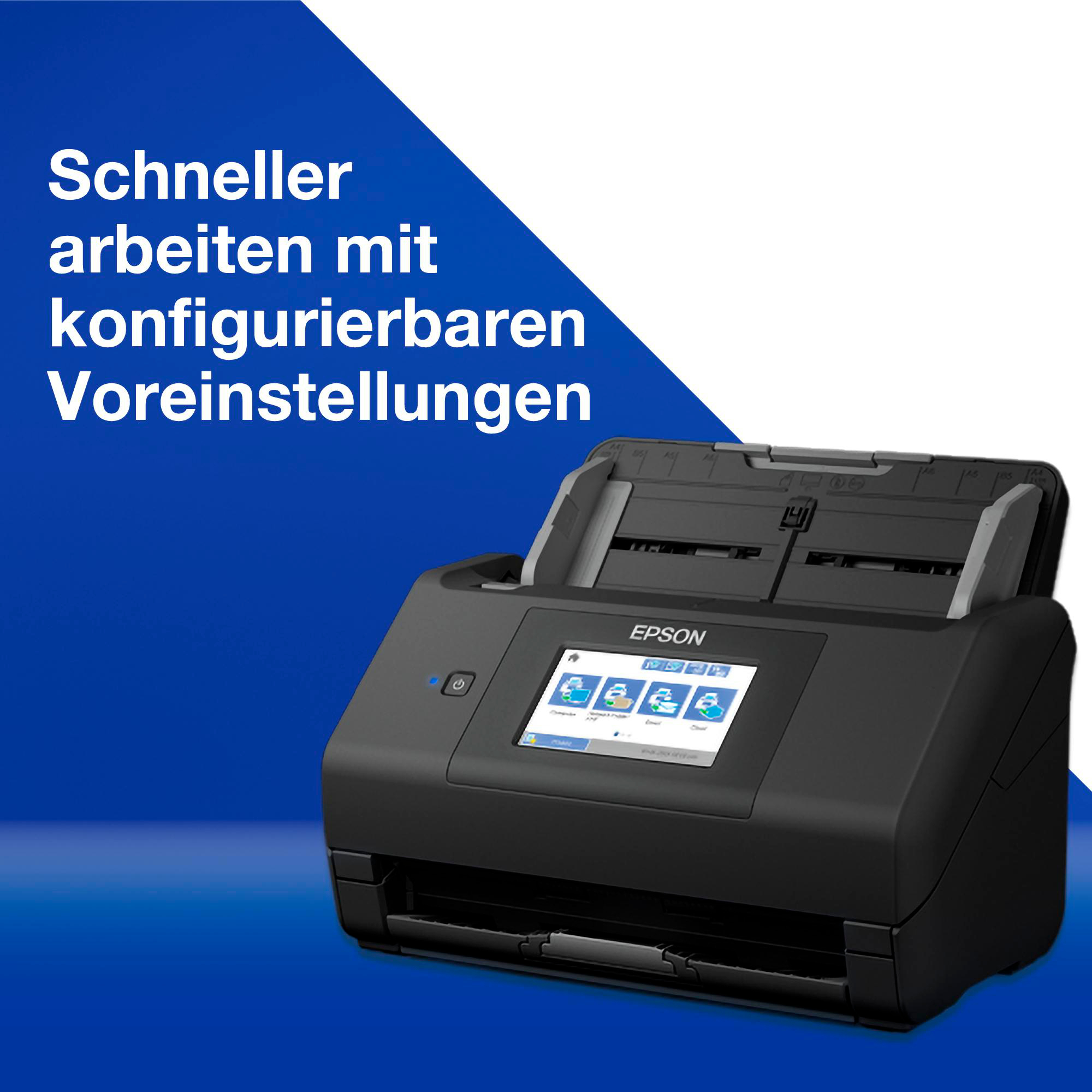 Schwarzer Epson-Scanner auf blauem Hintergrund, mit Text: 'Schneller arbeiten mit konfigurierbaren Voreinstellungen'.