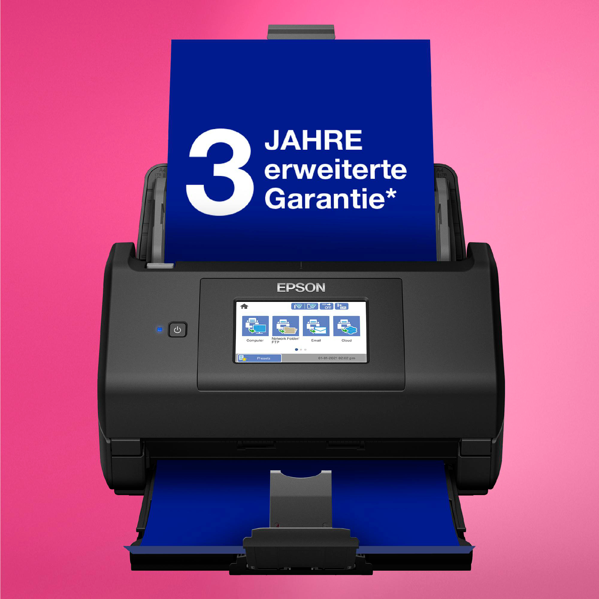 Ein Epson-Scanner wird gezeigt, der ein blaues Dokument scannt und die 3-Jahres-Garantie zeigt.