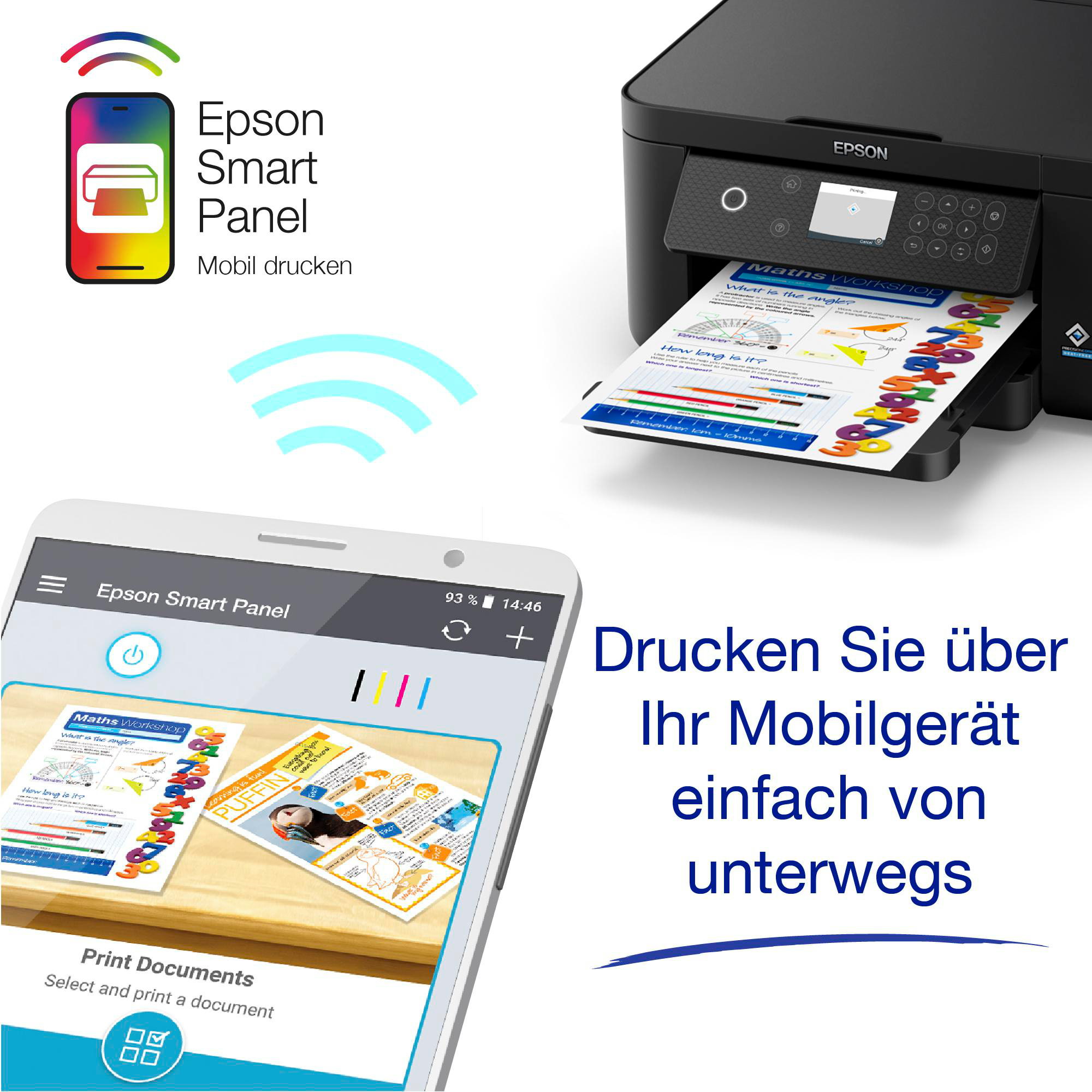 Epson-Drucker, der ein Dokument von einem Telefon druckt. Drahtlose Signale werden angezeigt.