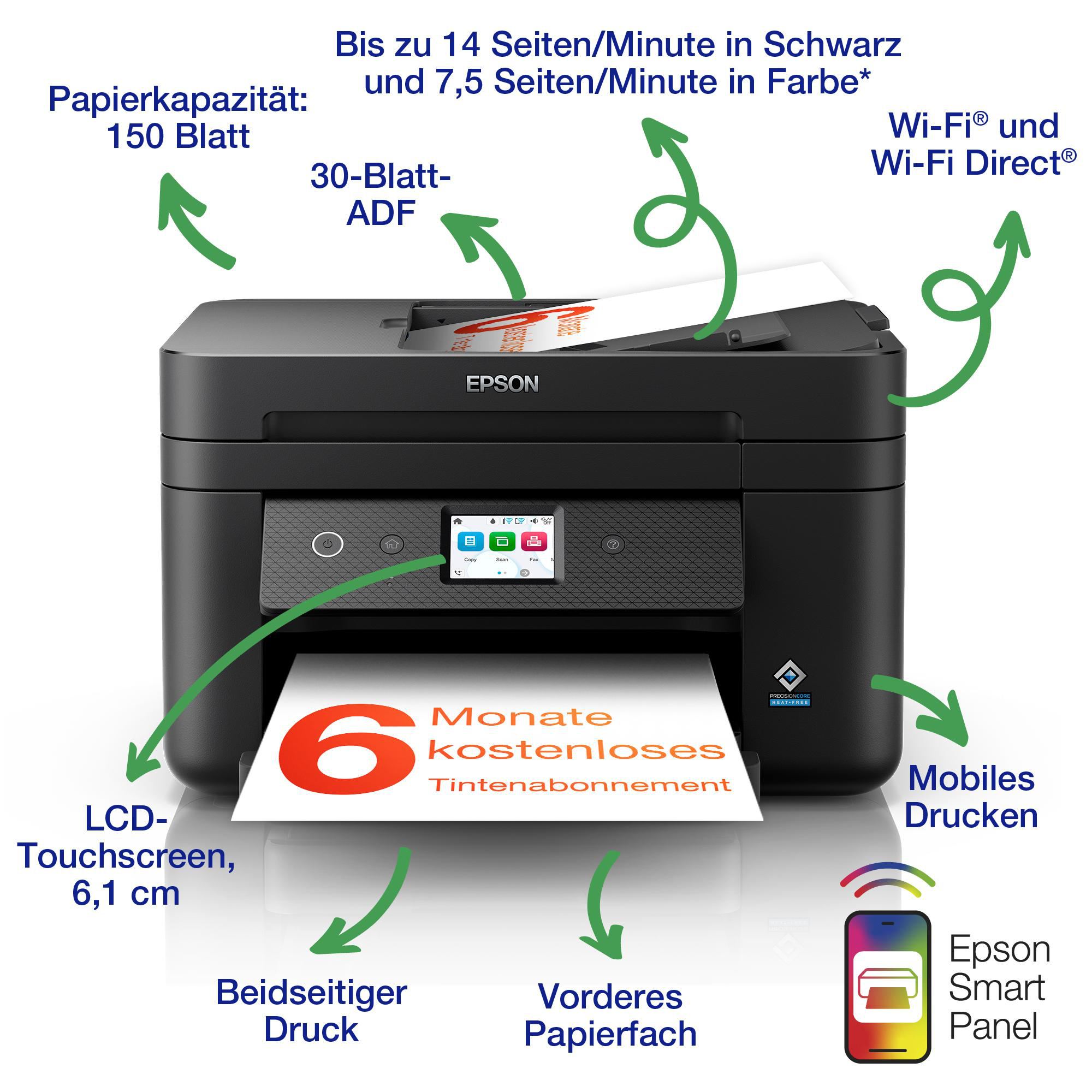 Schwarzer Drucker mit Text und Pfeilen, die auf Funktionen wie LCD, Papier und mobiles Drucken zeigen.