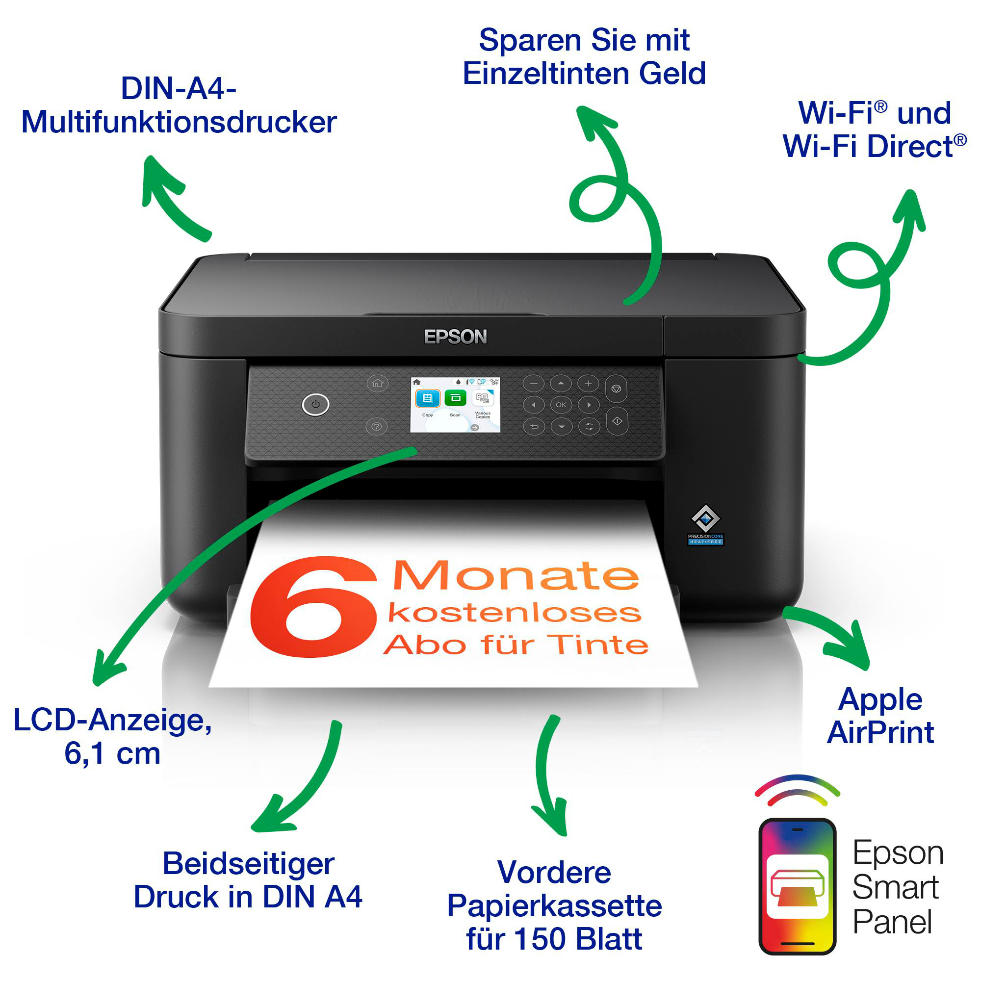 Ein Epson-Drucker mit Pfeilen, die auf Funktionen wie LCD, Tintenabonnement und Wi-Fi zeigen.