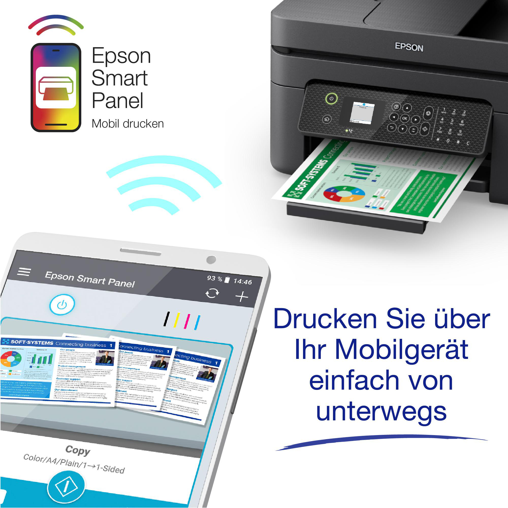 Ein Smartphone, das einen Druckauftrag anzeigt, verbunden mit einem Drucker, mit Text über mobiles Drucken.