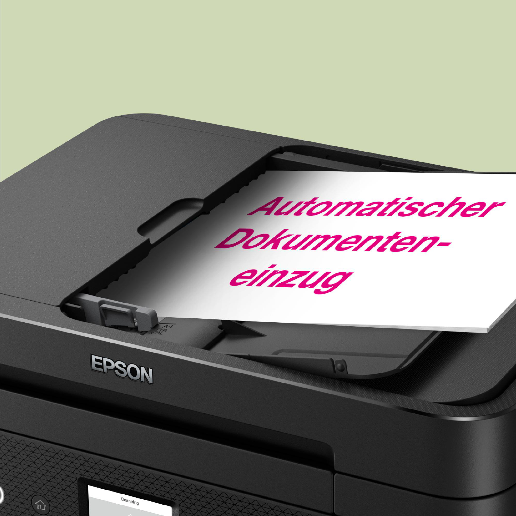 Ein Epson-Drucker, bei dem ein Dokument in den automatischen Einzug eingelegt wird; Text sagt 'Automatische Dokumenteneinzug'.
