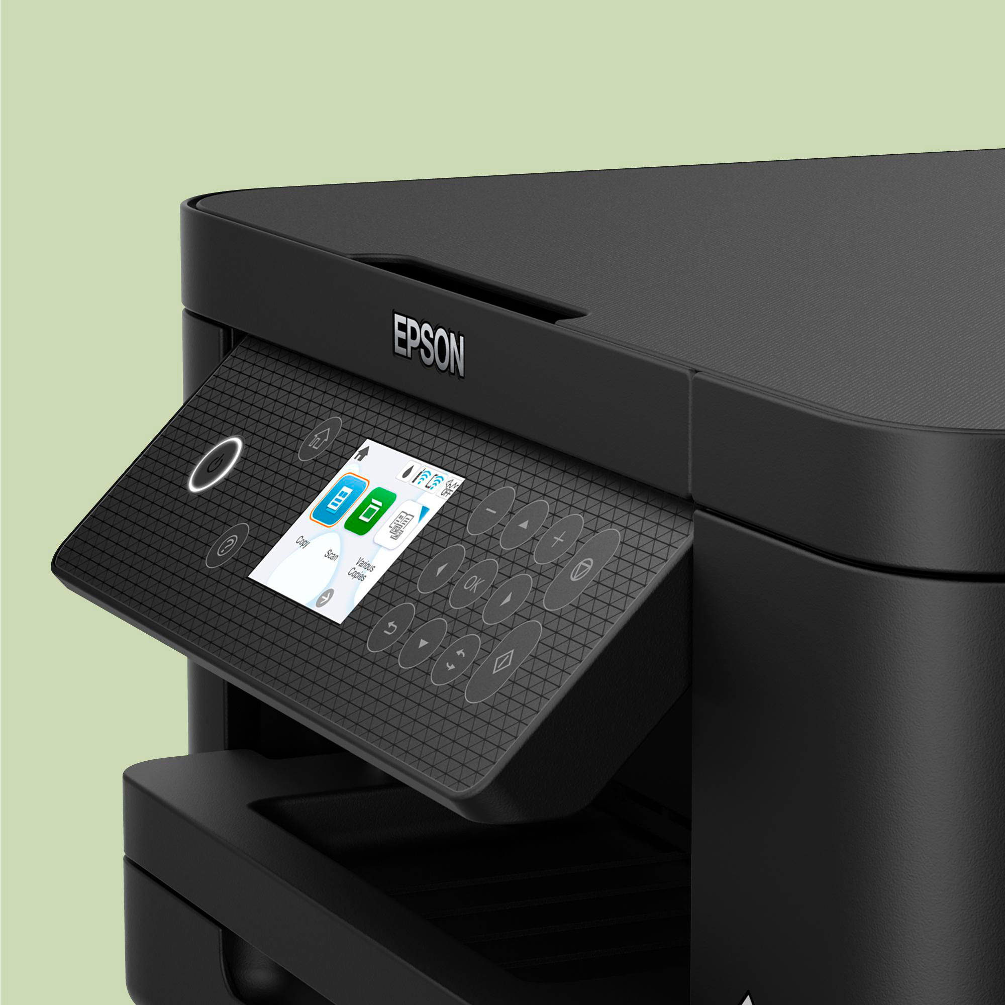 Nahaufnahme eines schwarzen Epson-Druckers mit geöffnetem Bedienfeld und sichtbaren Tasten.