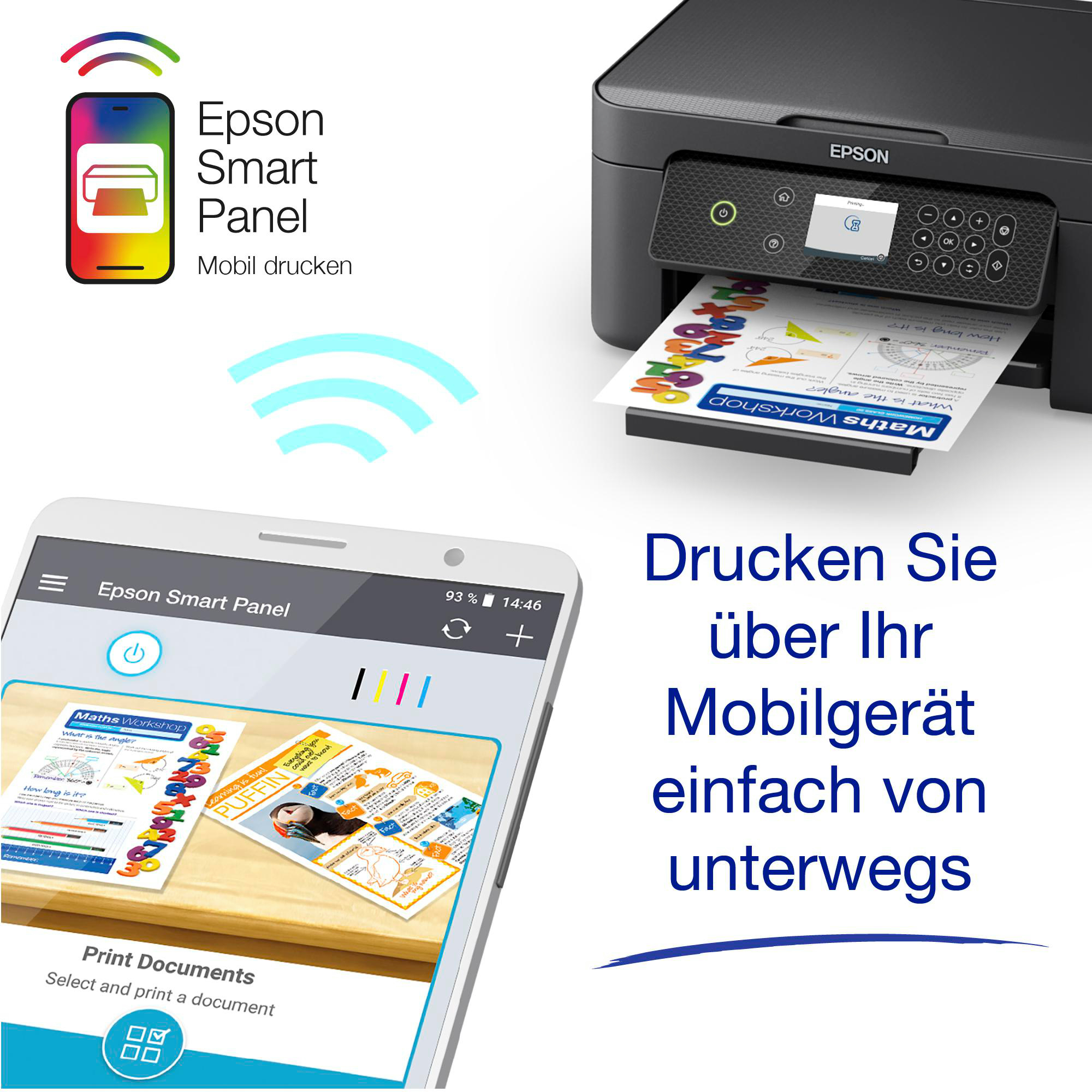 Ein weißes Telefon zeigt ein Druckdokument von einem Drucker.