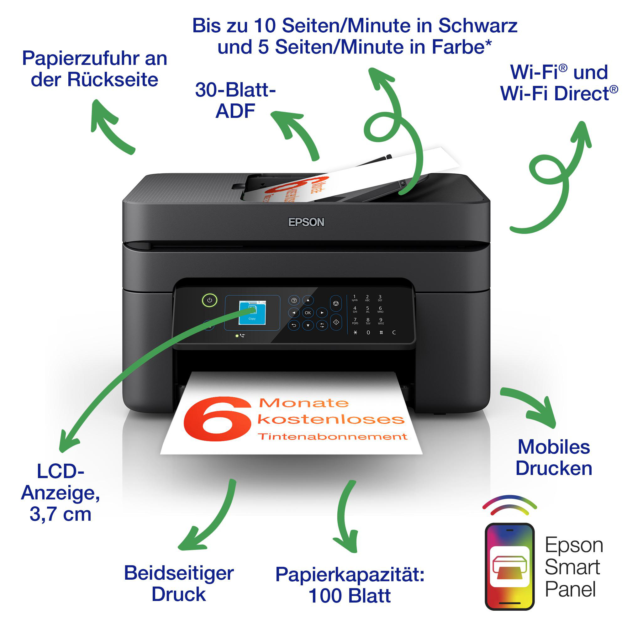 Schwarzer Drucker mit mehreren Hinweisen. Er hat ein LCD-Display und ein Papierfach. Der Drucker ist schwarz.