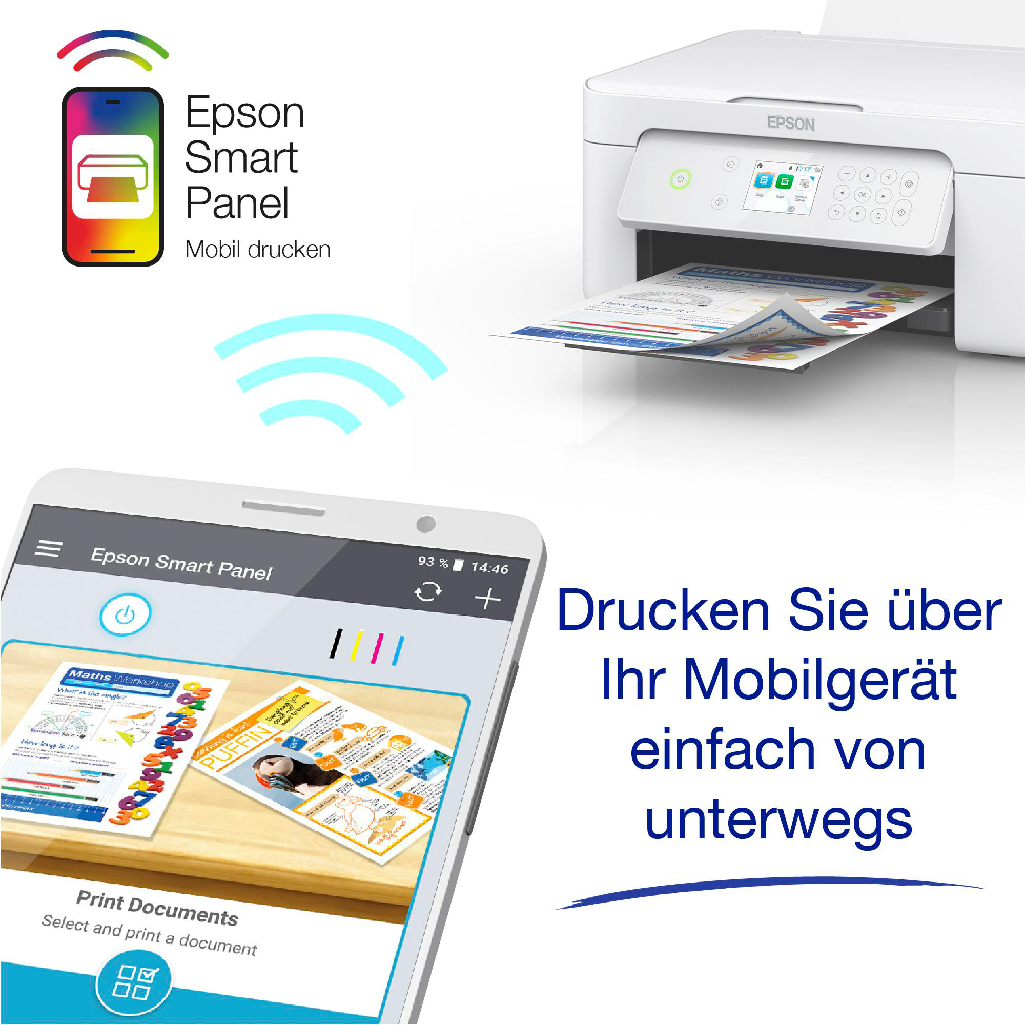 Ein Smartphone, das Druckdokumente anzeigt, verbunden mit einem Drucker, mit Text über mobiles Drucken.