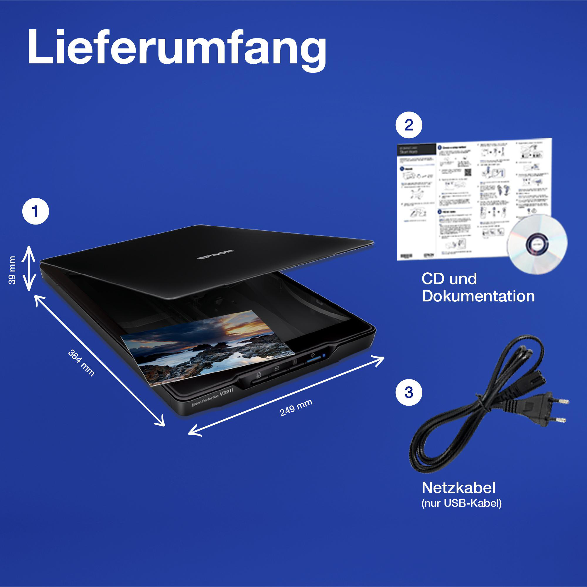 Epson-Scanner mit Dokumentation und Netzkabel, alles auf blauem Hintergrund mit Maßen.
