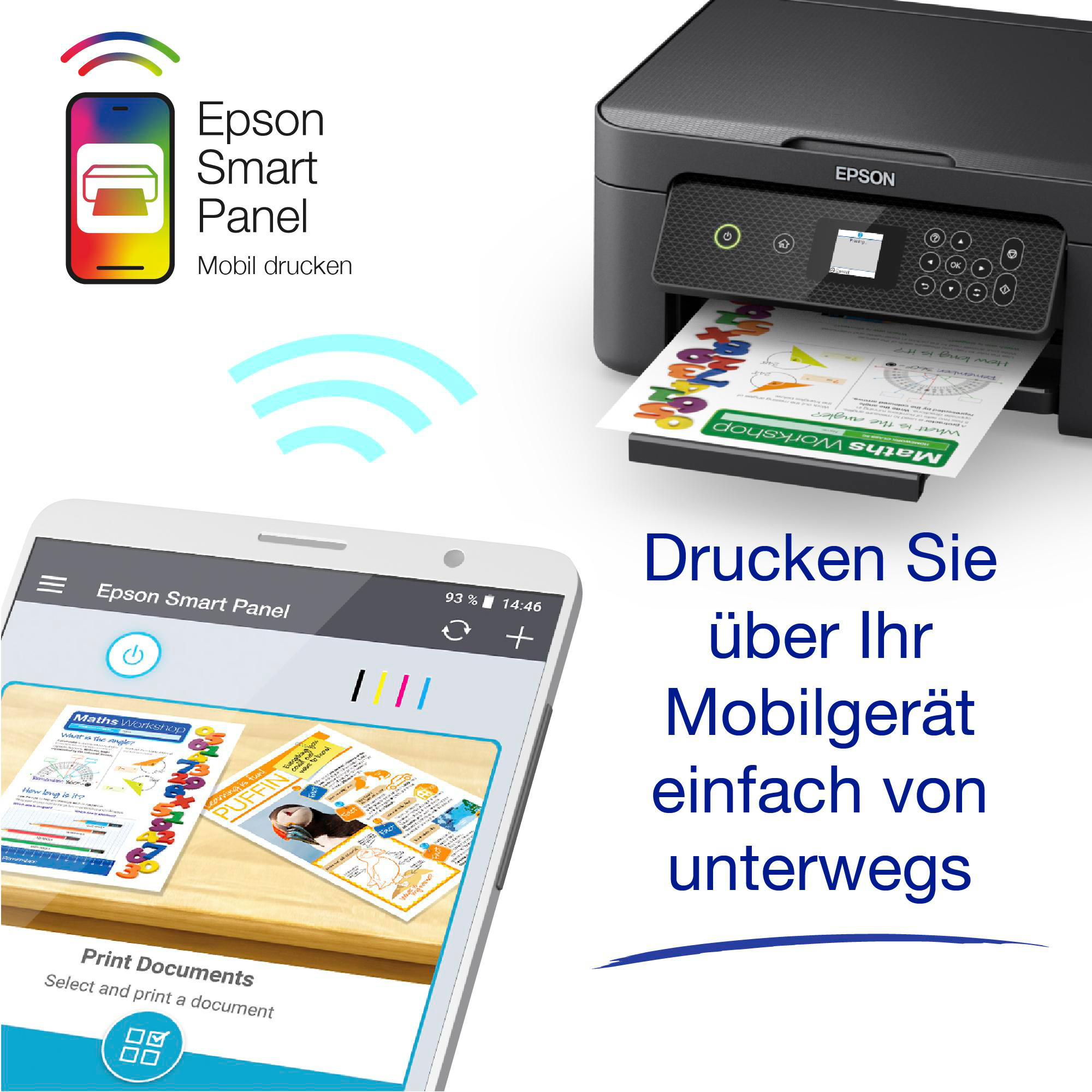 Ein Drucker druckt ein Dokument, ein Telefon zeigt eine App, Text: 'Drucken Sie über Ihr Mobilgerät'.