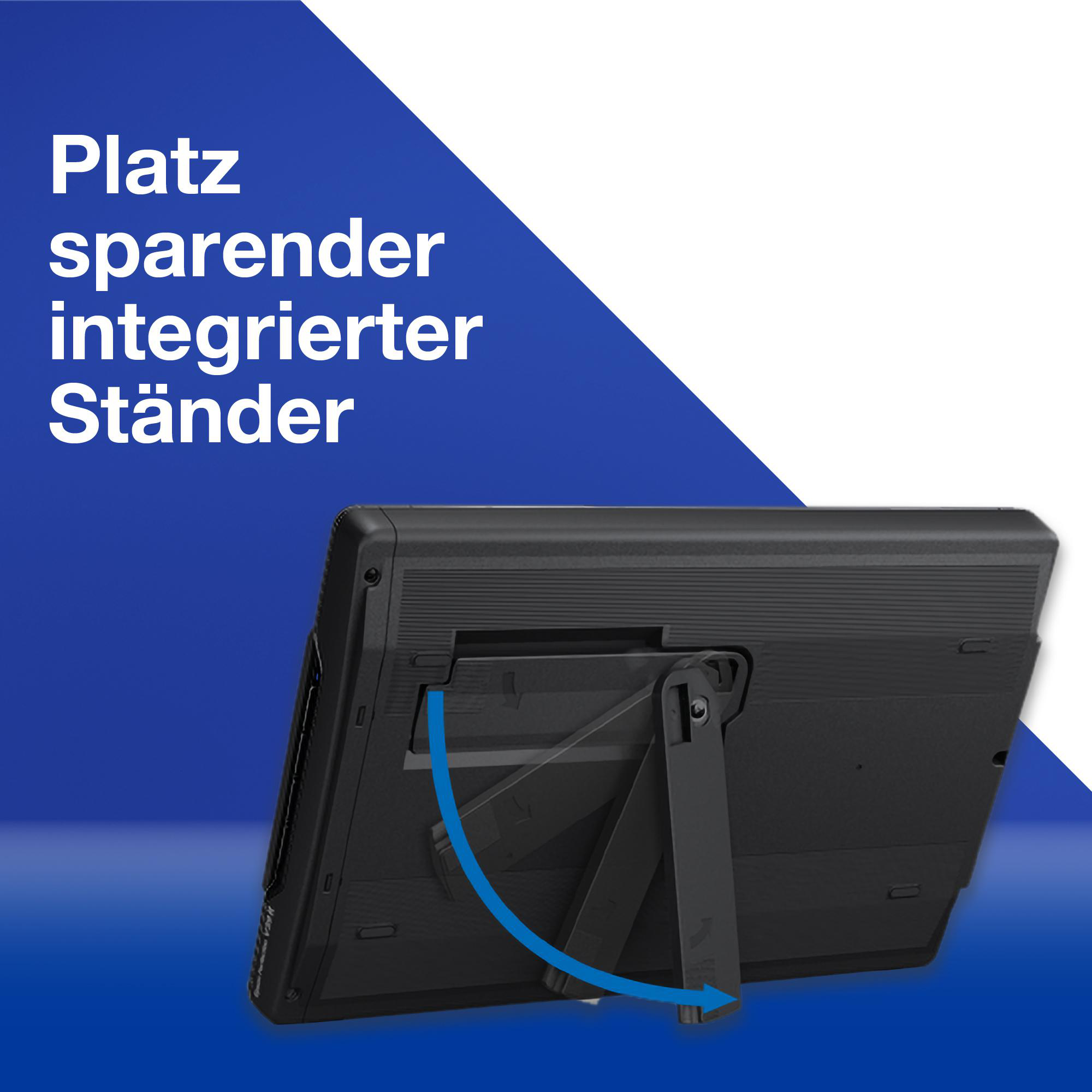 Ein schwarzer Monitor mit Ständer, blauer Pfeil zeigt die Bewegung des Ständers an.