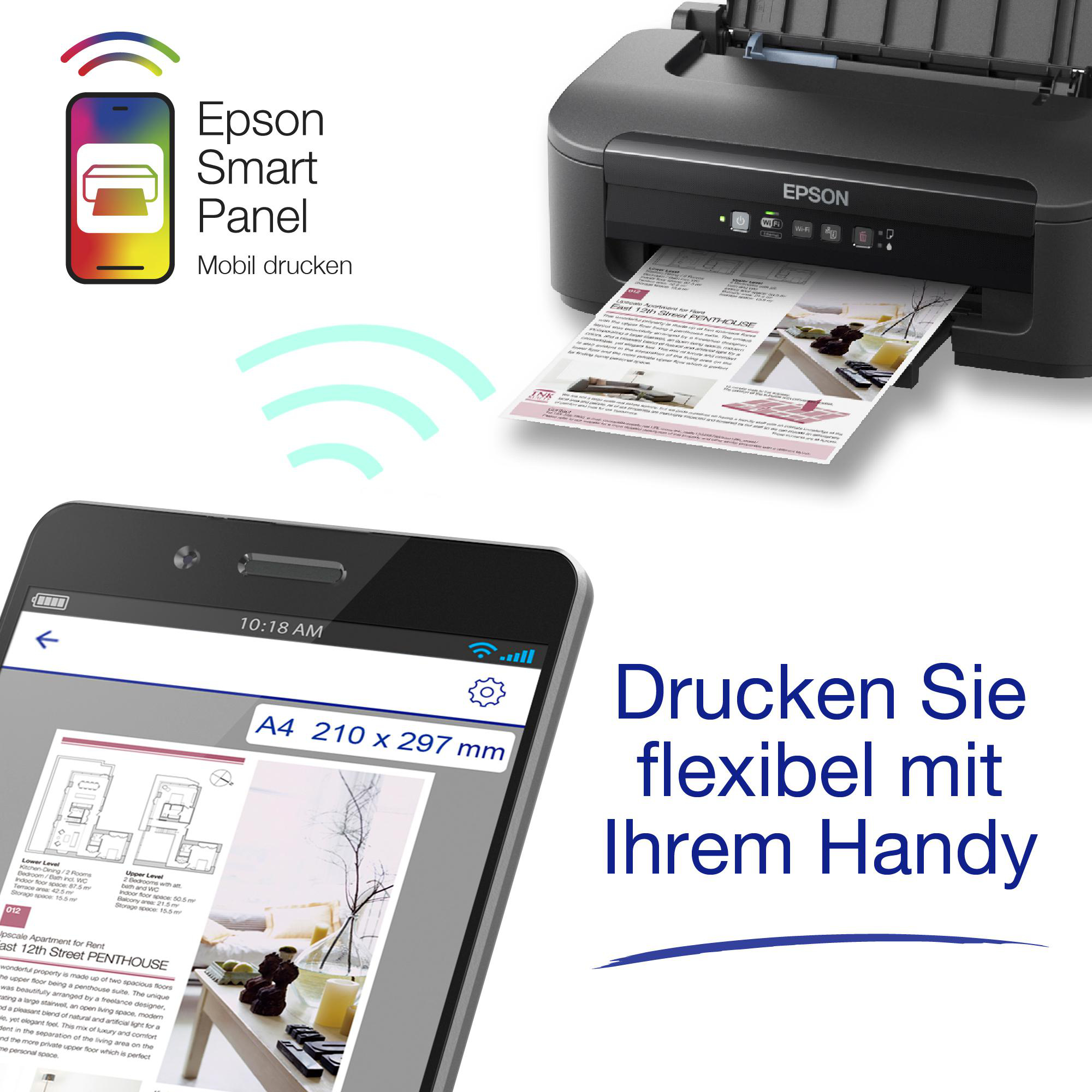 Telefon druckt von einem Drucker. Zeigt eine Smart Panel App. Der Drucker ist schwarz.