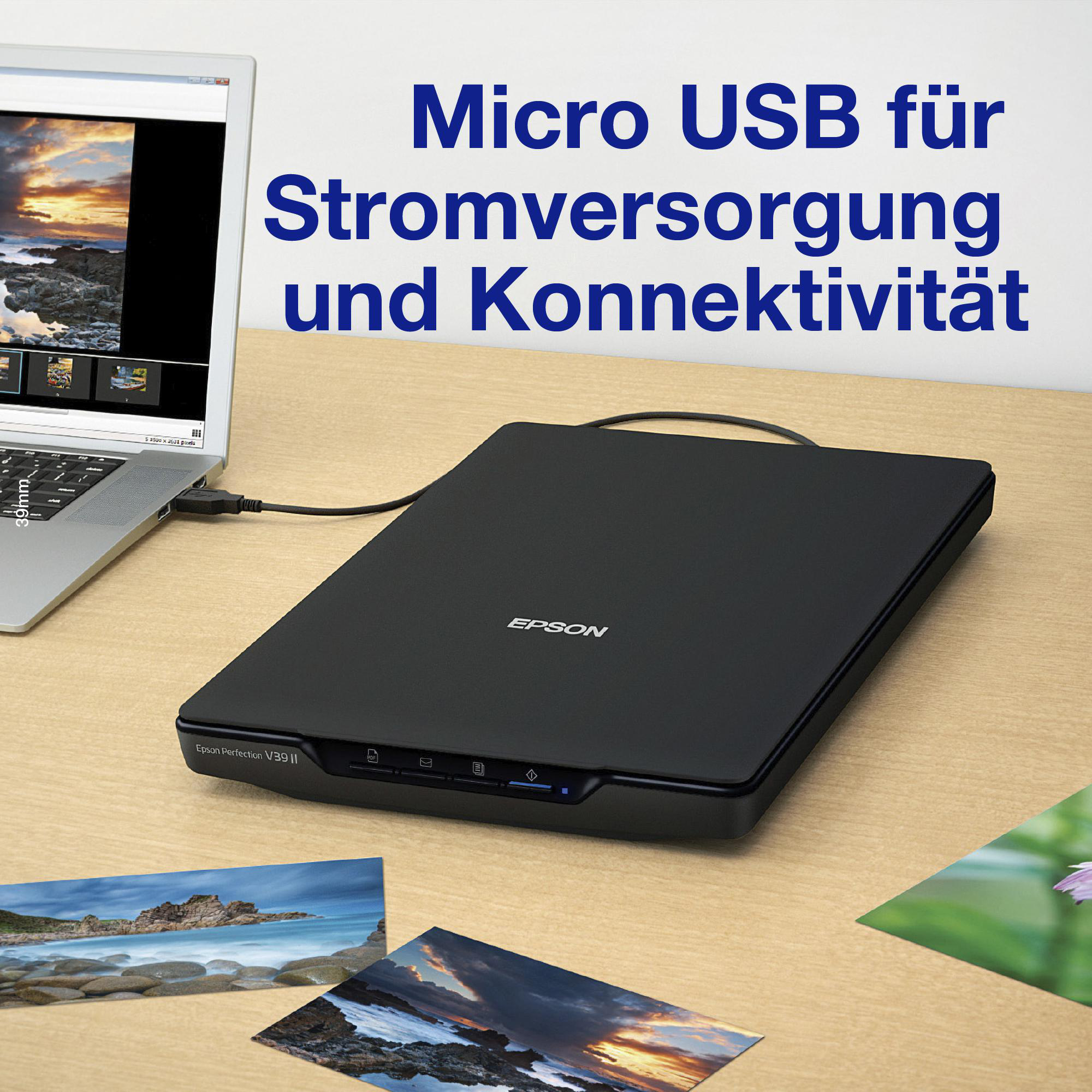 Ein schwarzer Scanner mit einem Laptop und einigen Bildern. Der Text auf dem Scanner ist EPSON.