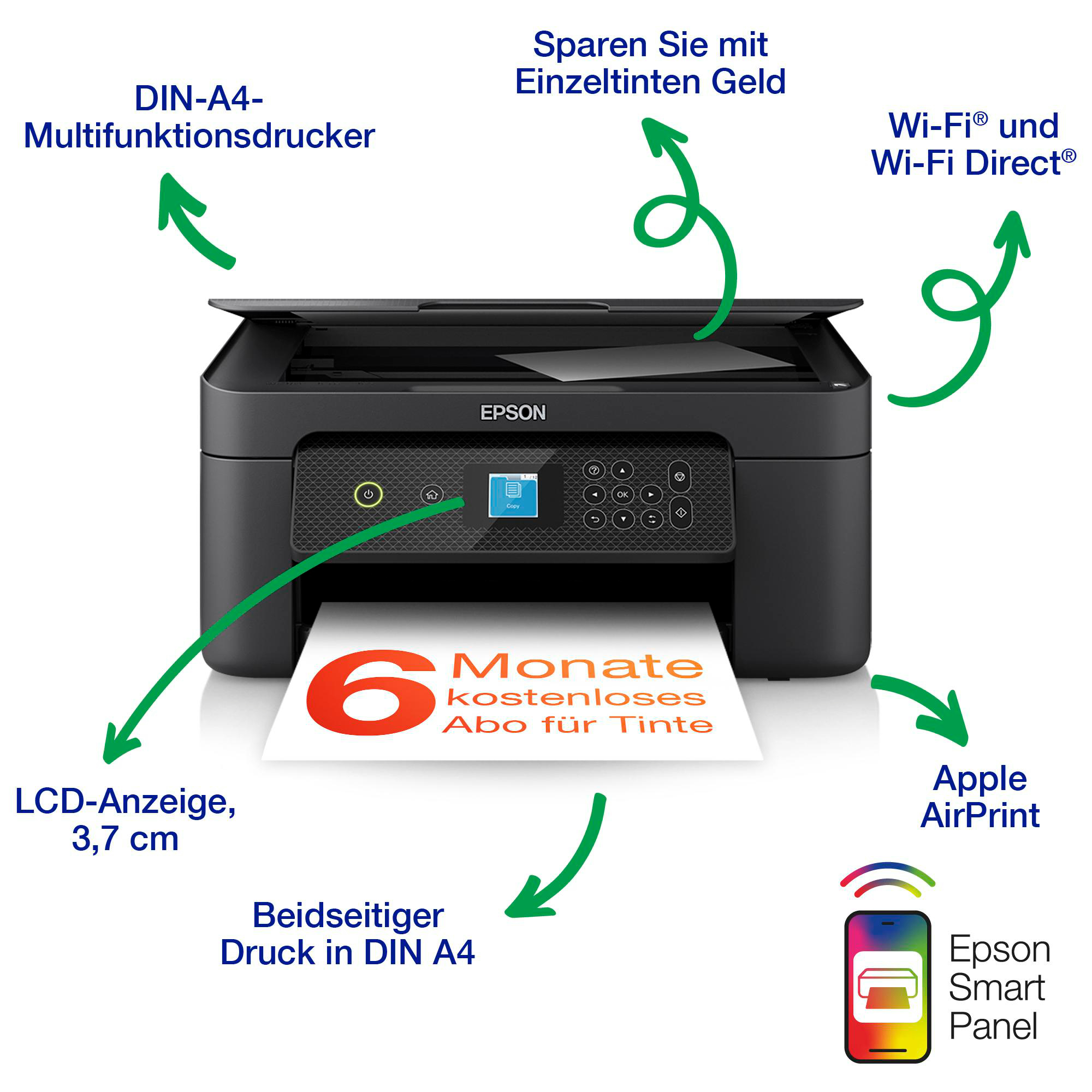 Schwarzer Epson-Drucker mit Etiketten und Pfeilen, die auf Funktionen zeigen.
