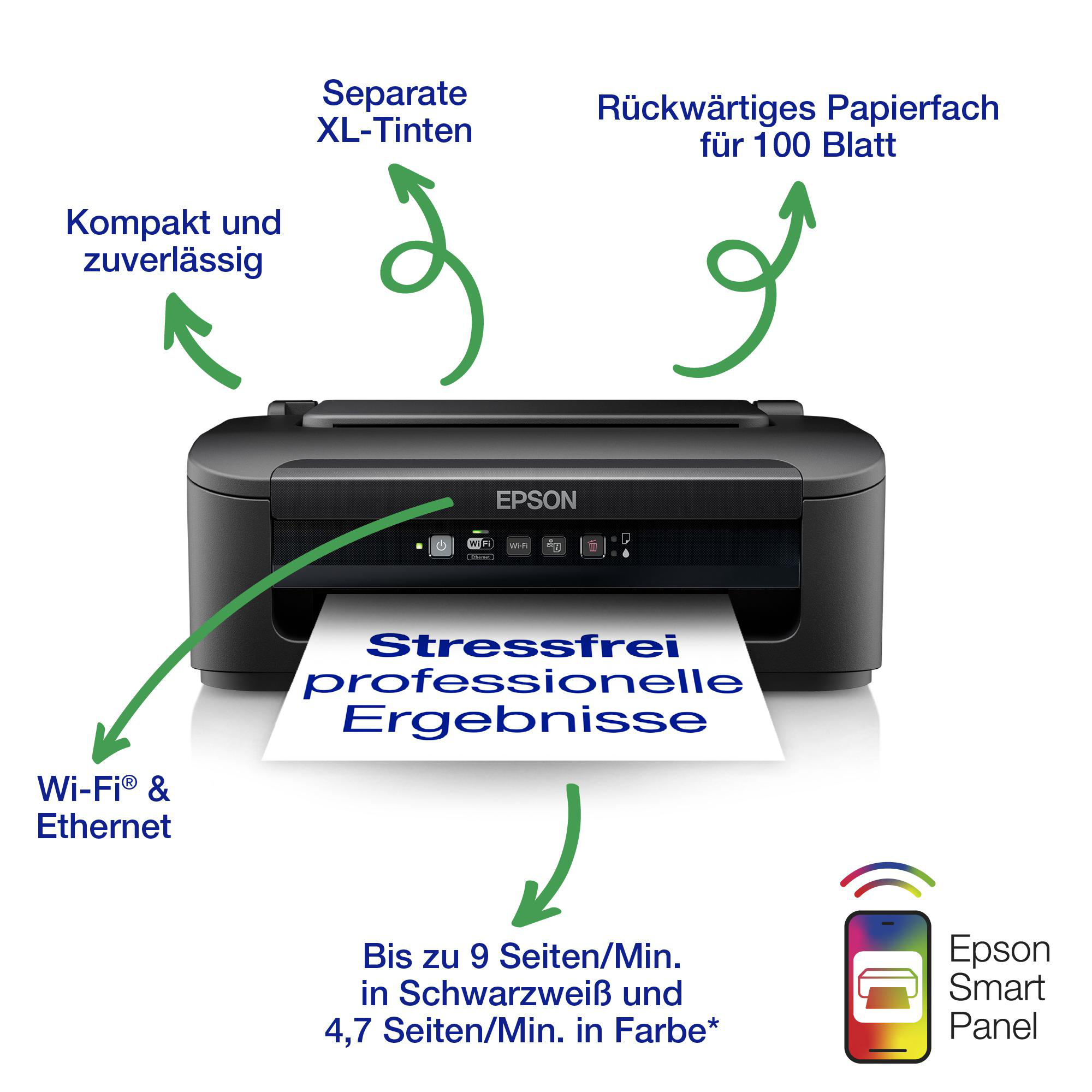 Schwarzer Epson-Drucker mit beschrifteten Funktionen. Pfeile zeigen auf Text und Funktionen.