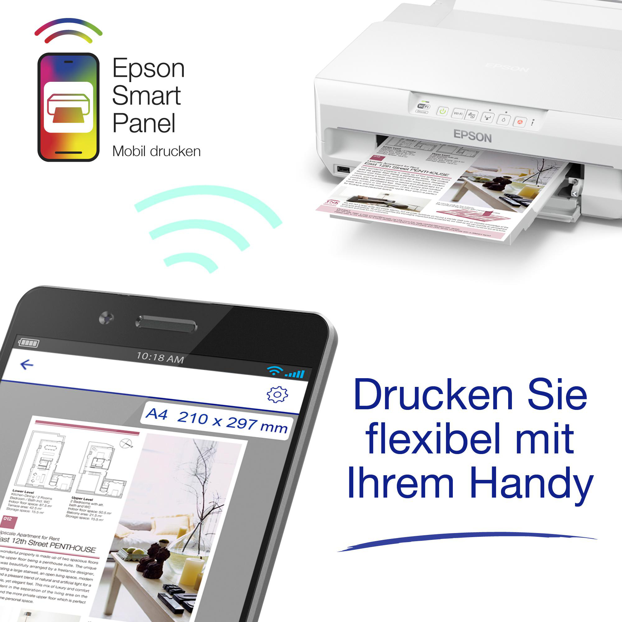 Ein Telefon und ein Drucker zeigen einen Dokumentendruck. Das Telefon zeigt ein Dokument. Der Drucker ist rechts.