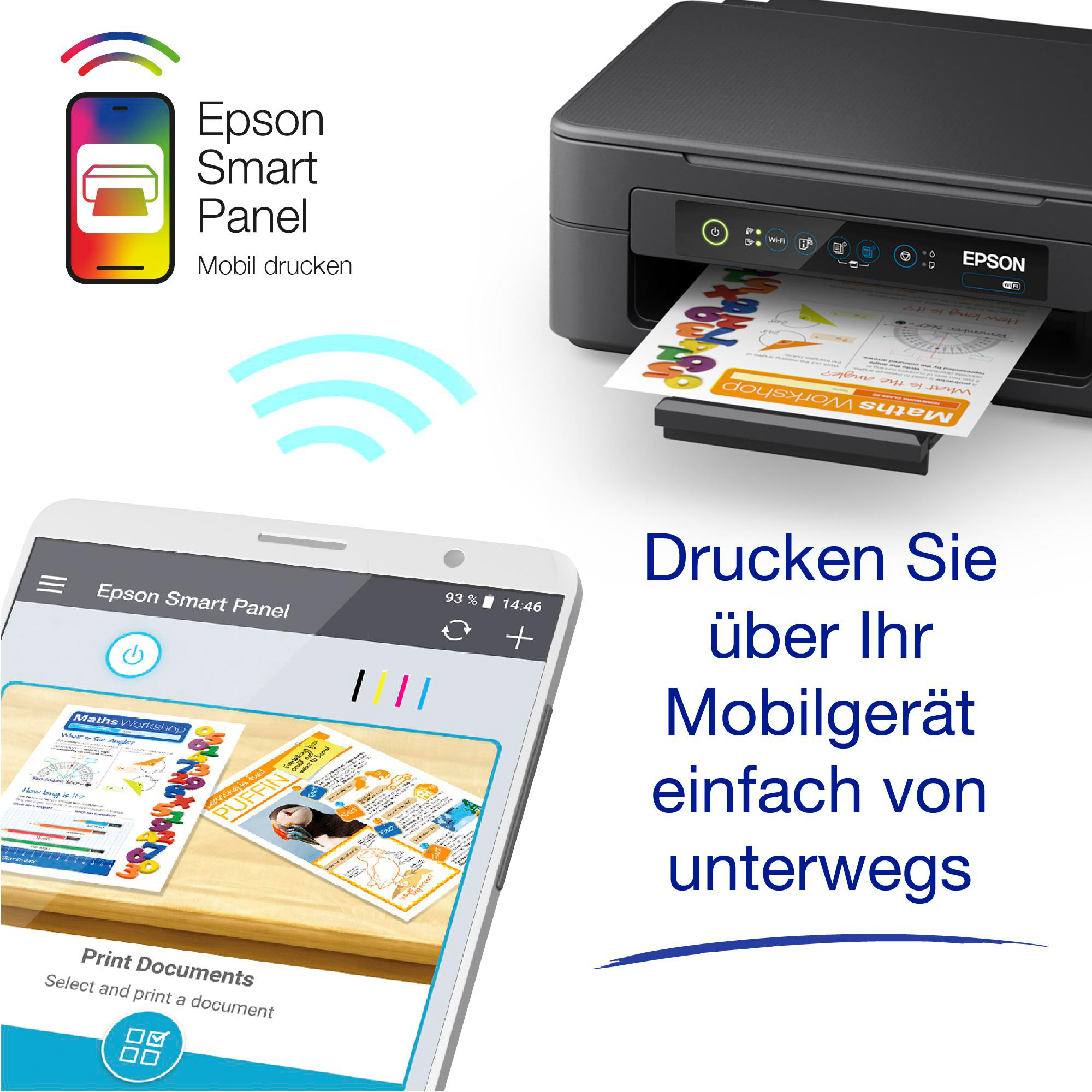 Ein Epson-Drucker druckt ein farbenfrohes Dokument, mit einem Telefon, das dasselbe Dokument zeigt.
