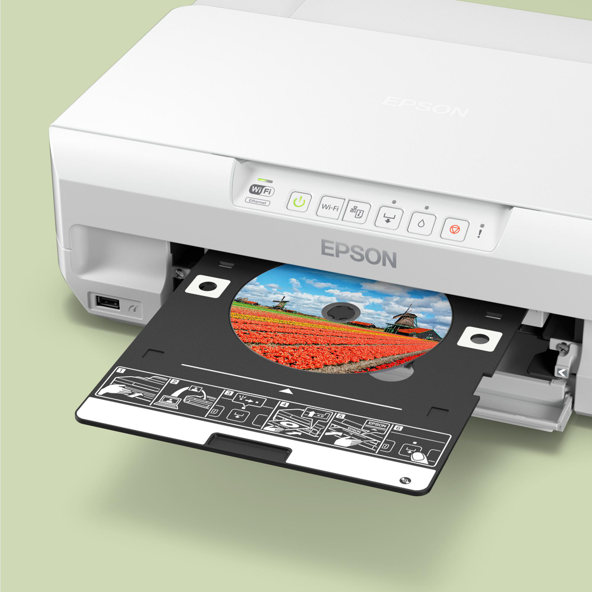 Epson Drucker mit ausgefahrenem CD-Fach, das ein Bild von Tulpen und einer Windmühle zeigt.