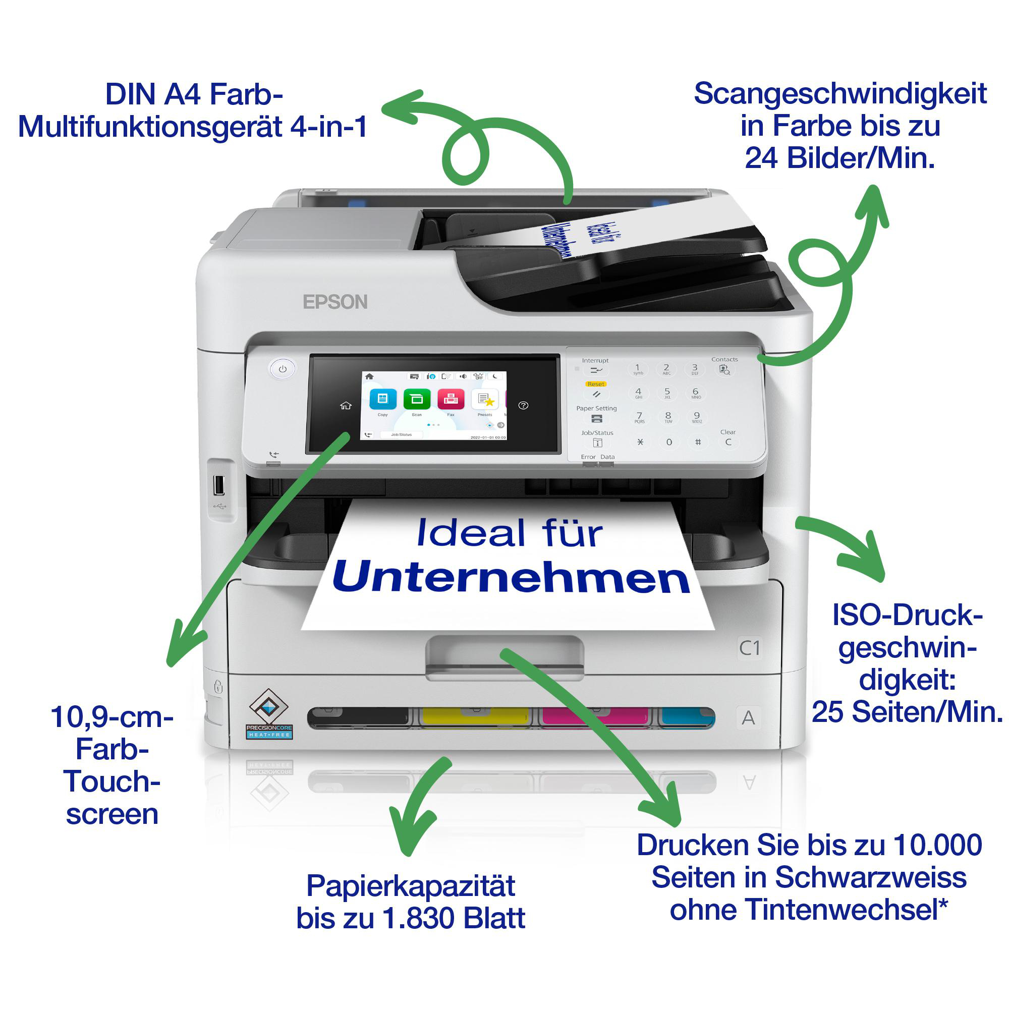Epson Drucker mit Markierungen, die seine Funktionen hervorheben. Text: Ideal für Unternehmen.