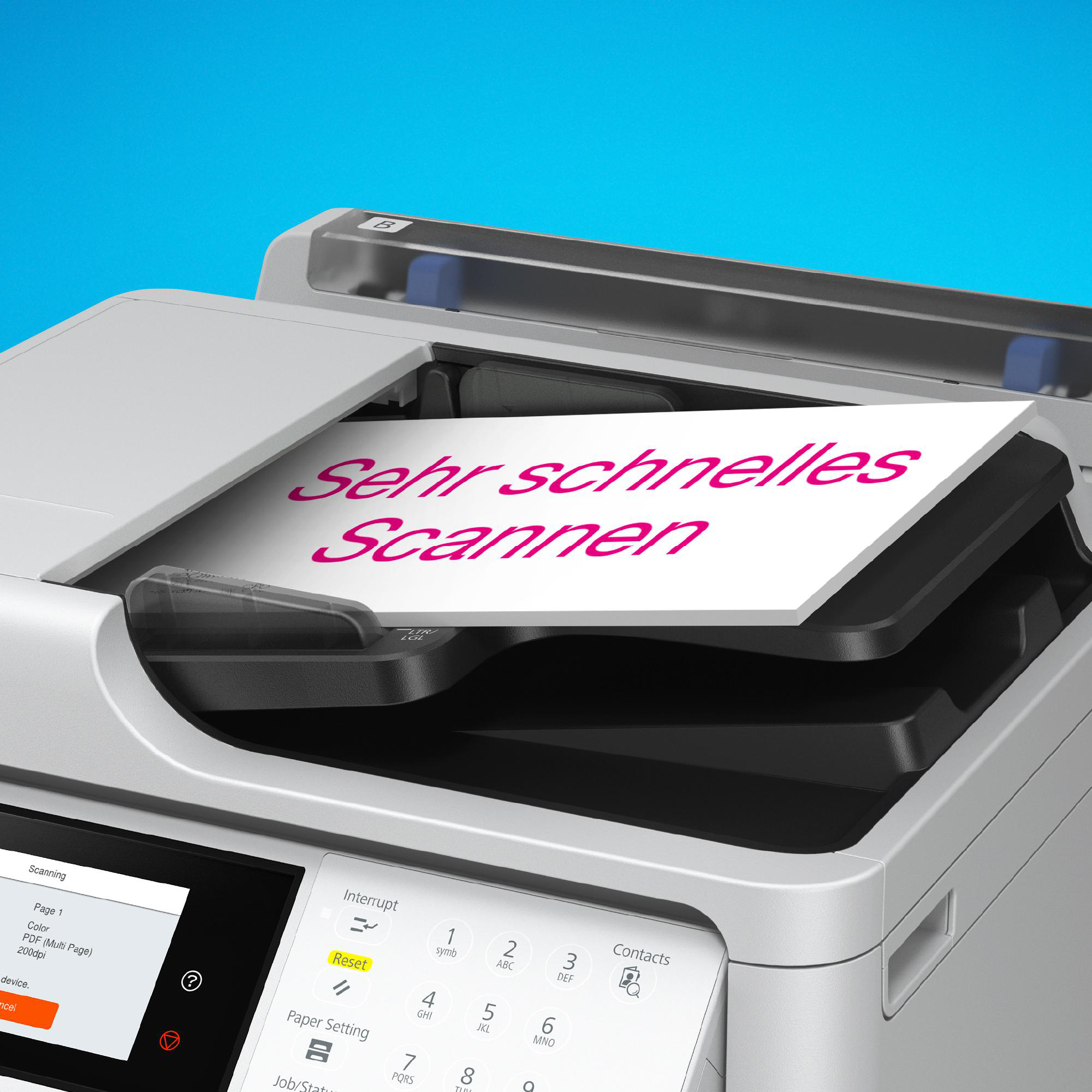 Drucker mit offenem Deckel, zeigt ein Papier mit Text: "Sehr schnelles Scannen".